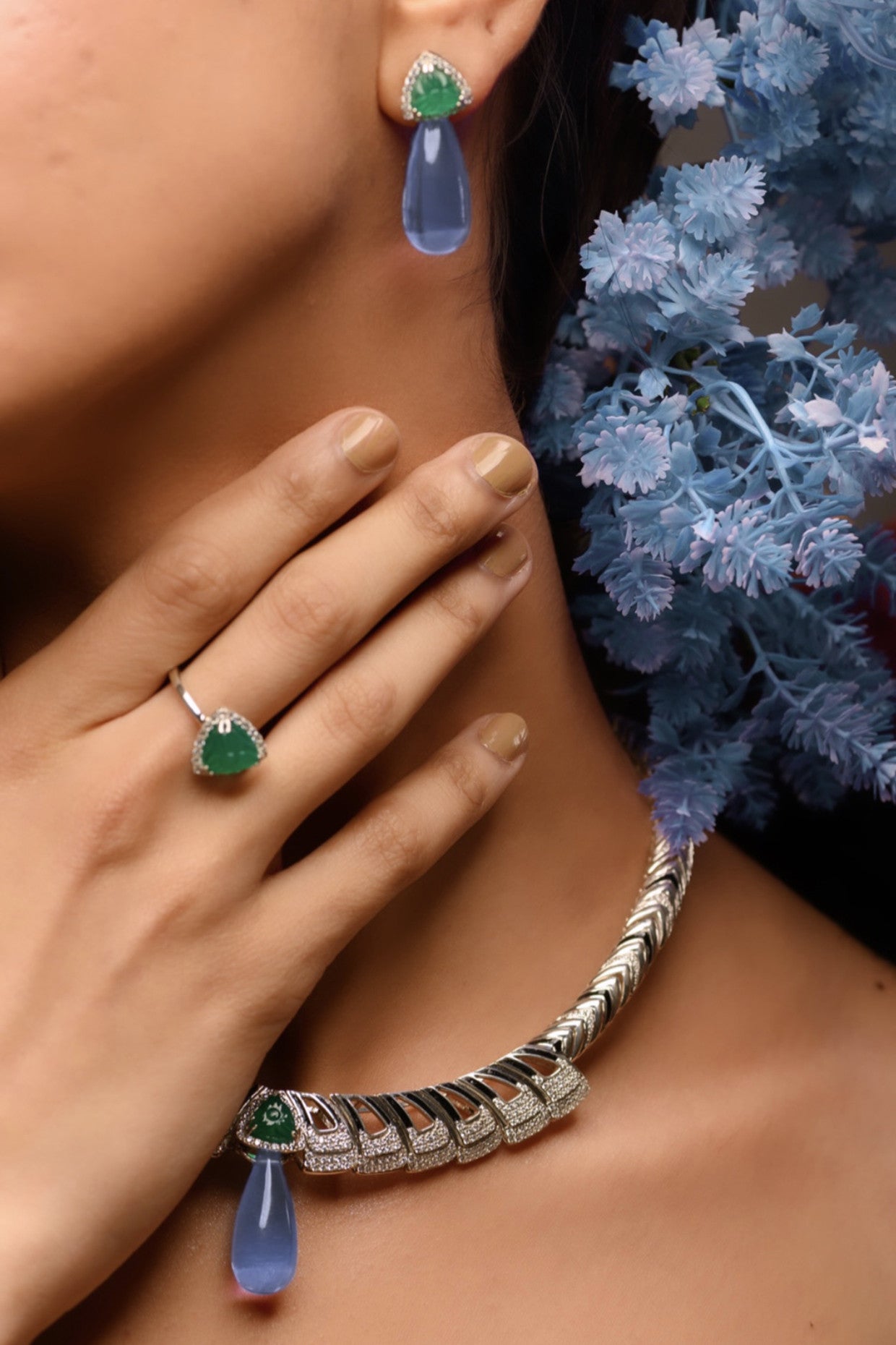 Bird Of Paradise Earring Carved Trillion Green Onix in Sterling Silver
