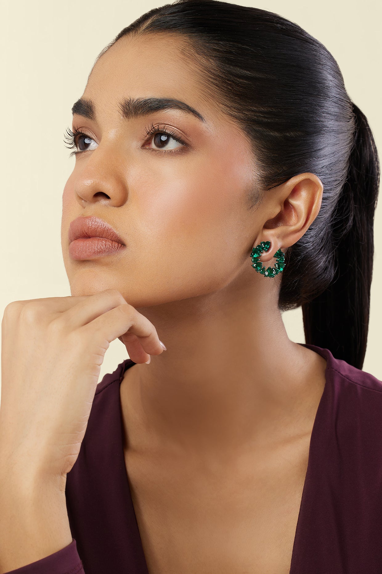 Emerald Halo Studs In Rhodium Plating