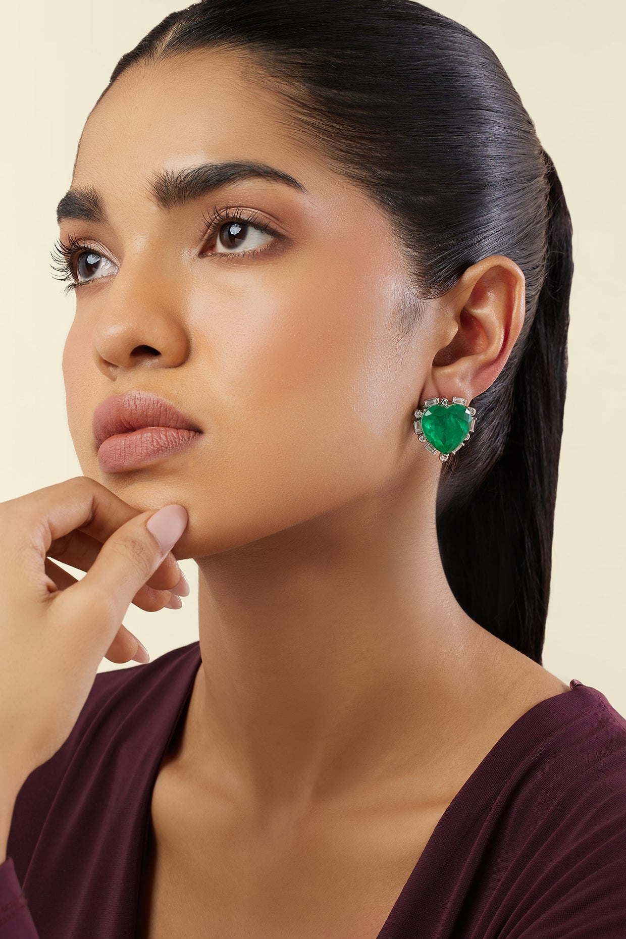 Emerald Radiance Heart Studs In Rhodium Plating
