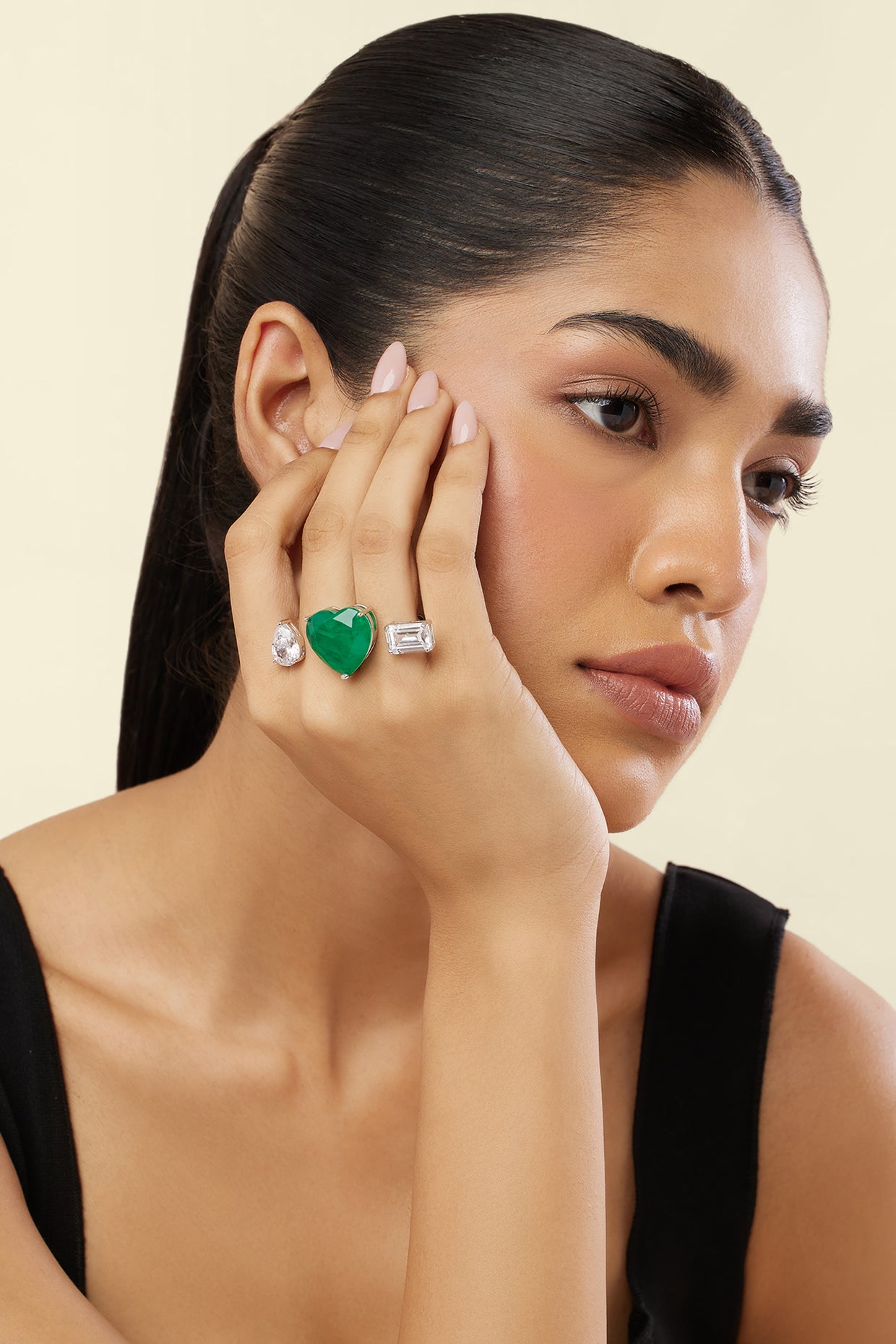 Dual Heart Emerald Ring In Rhodium Plating