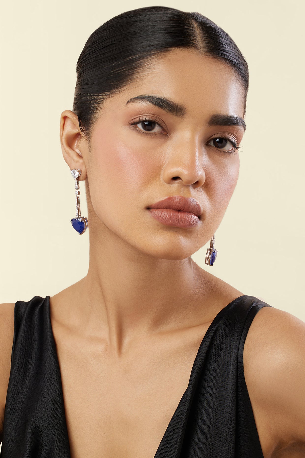 Sapphire Heart Luxe Danglers In Rhodium Plating