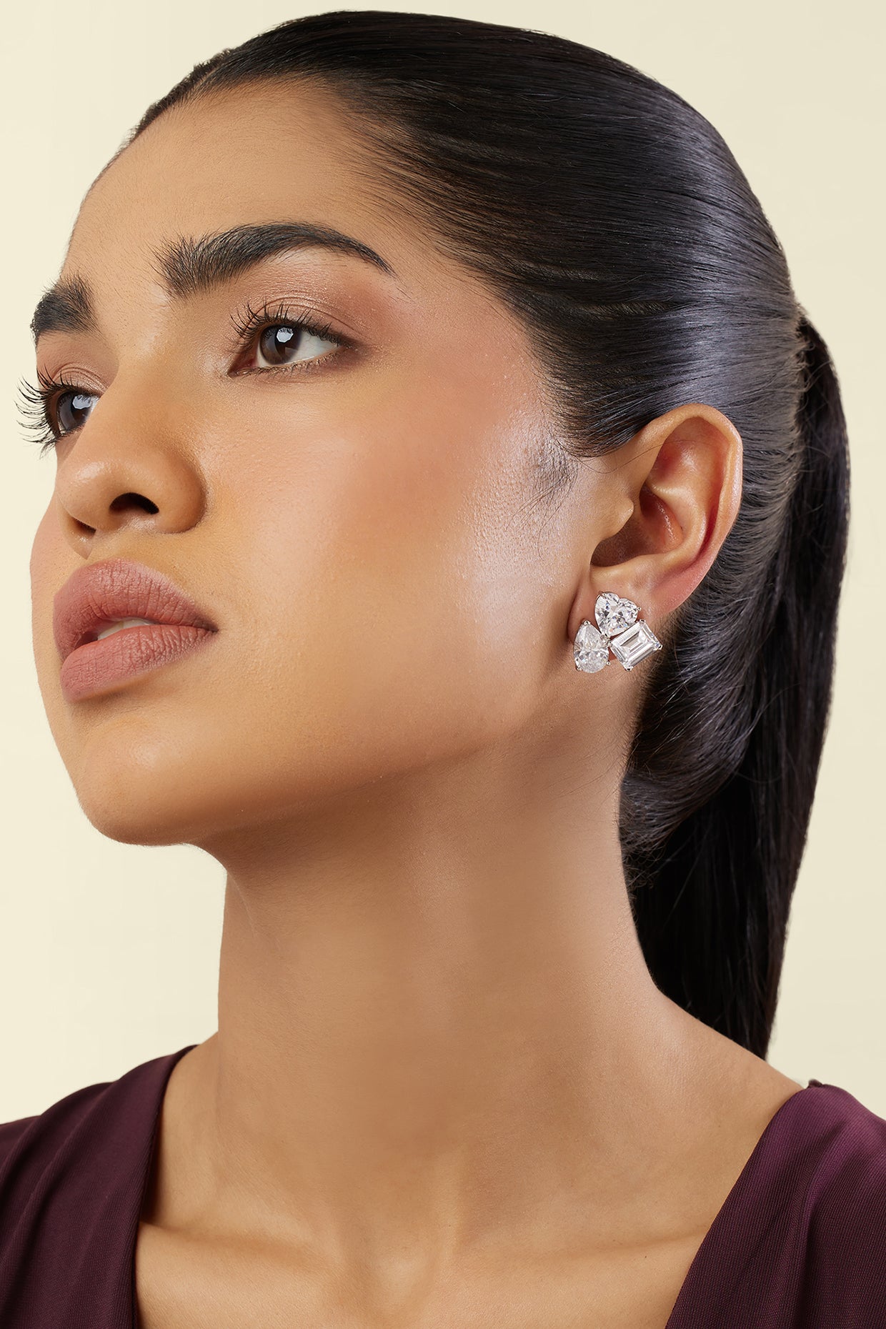 Silver Luxe Geometric Studs In Rhodium Plating