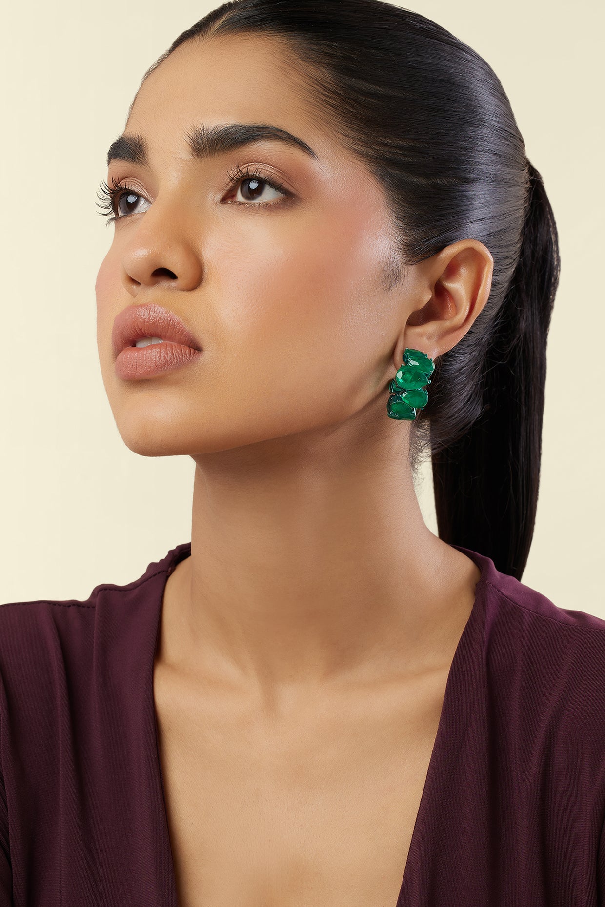 Emerald Glow Statement Hoops In Rhodium Plating