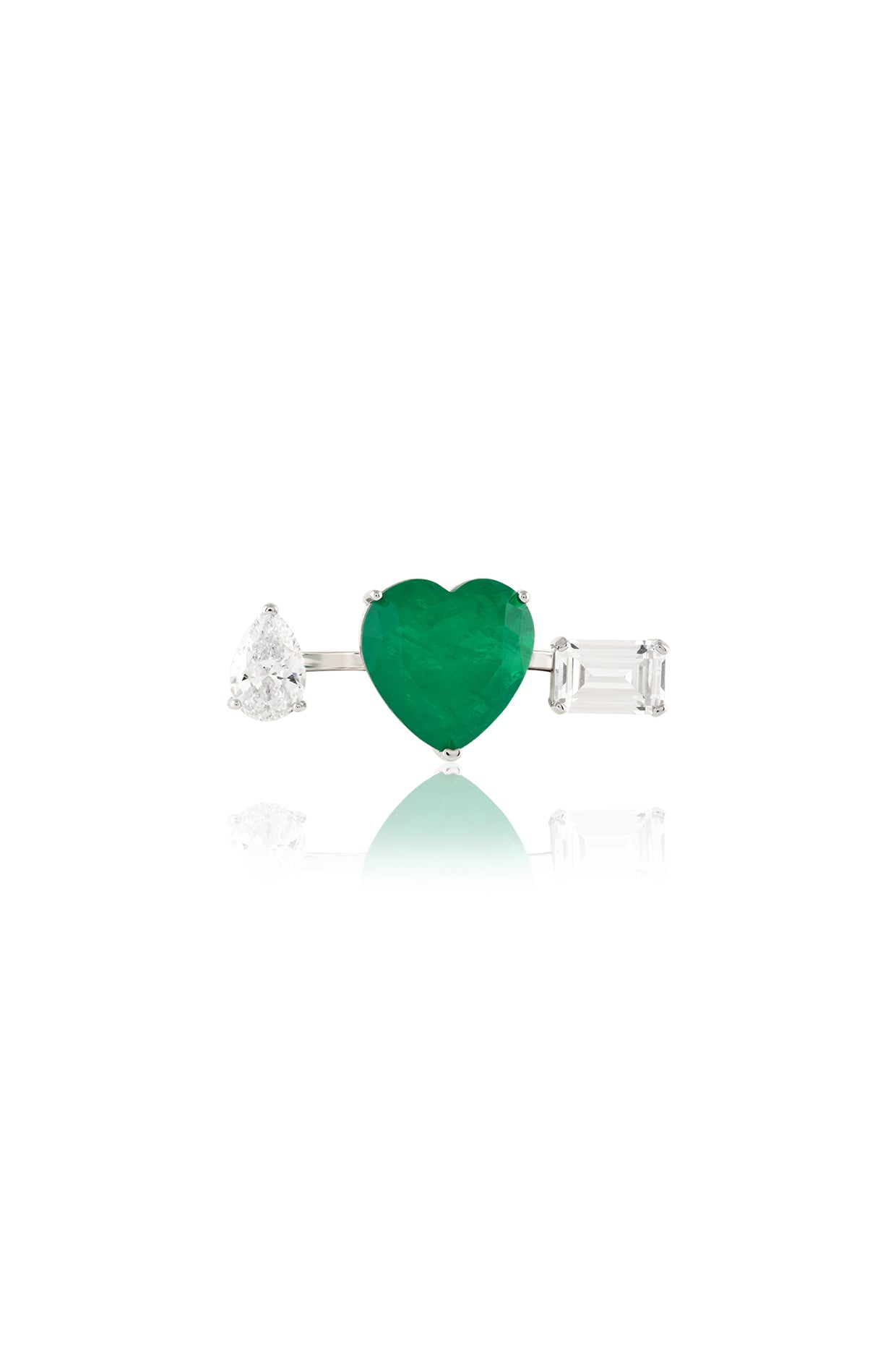 Dual Heart Emerald Ring In Rhodium Plating