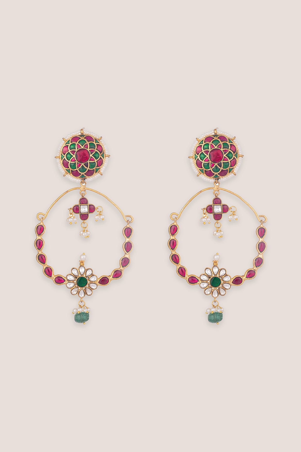 Lumira Pink Green Kundan Chandbalis