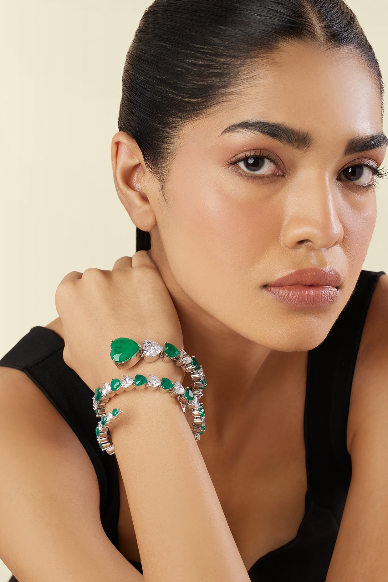 Emerald Enchantment Wrap Cuff In Rhodium Plating