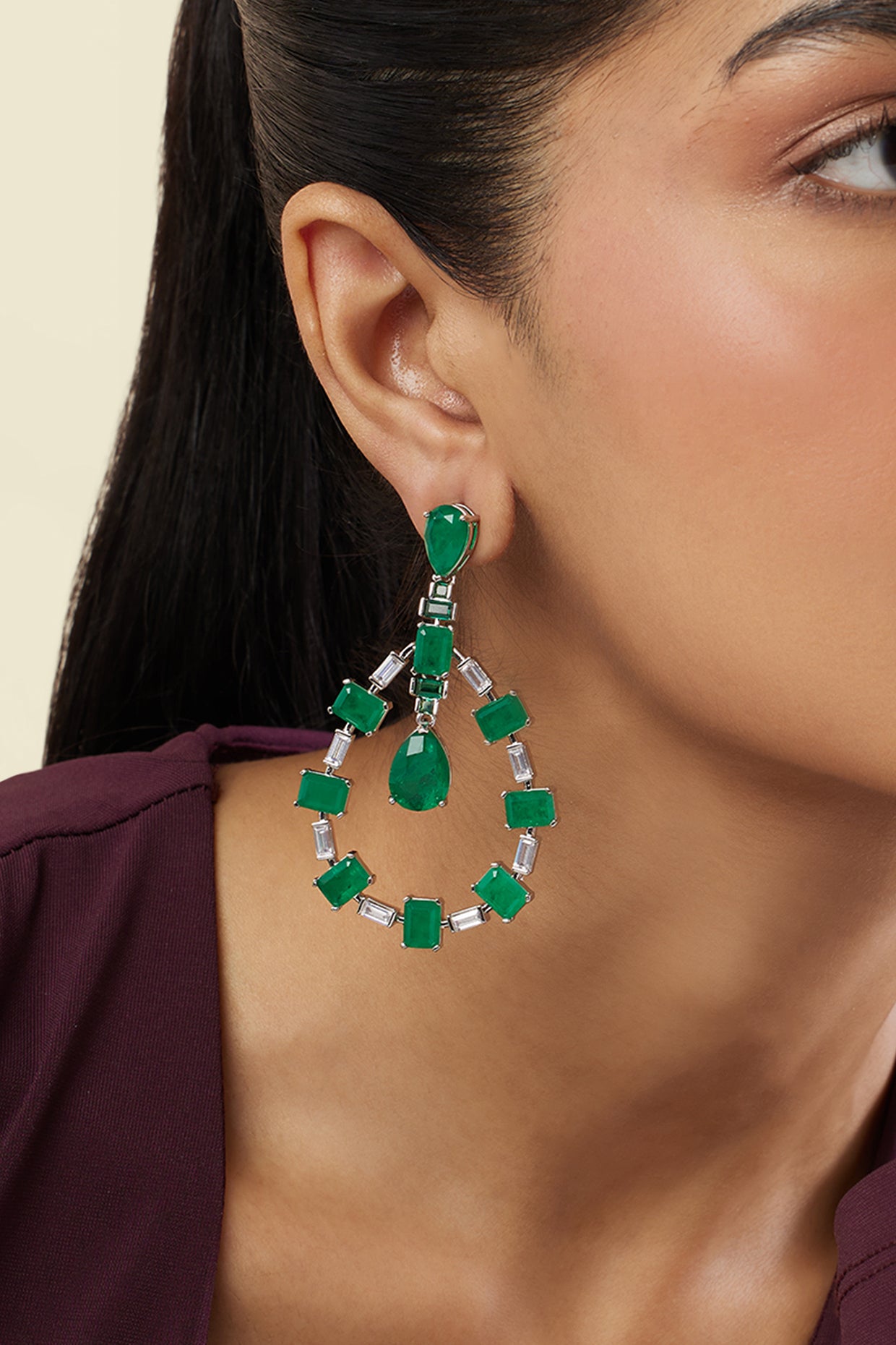 Emerald Luxe Dangler Earrings In Rhodium Plating