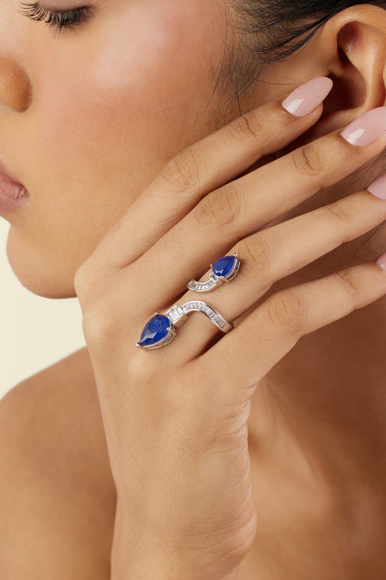 Celestial Sapphire Statement Ring In Rhodium Plating