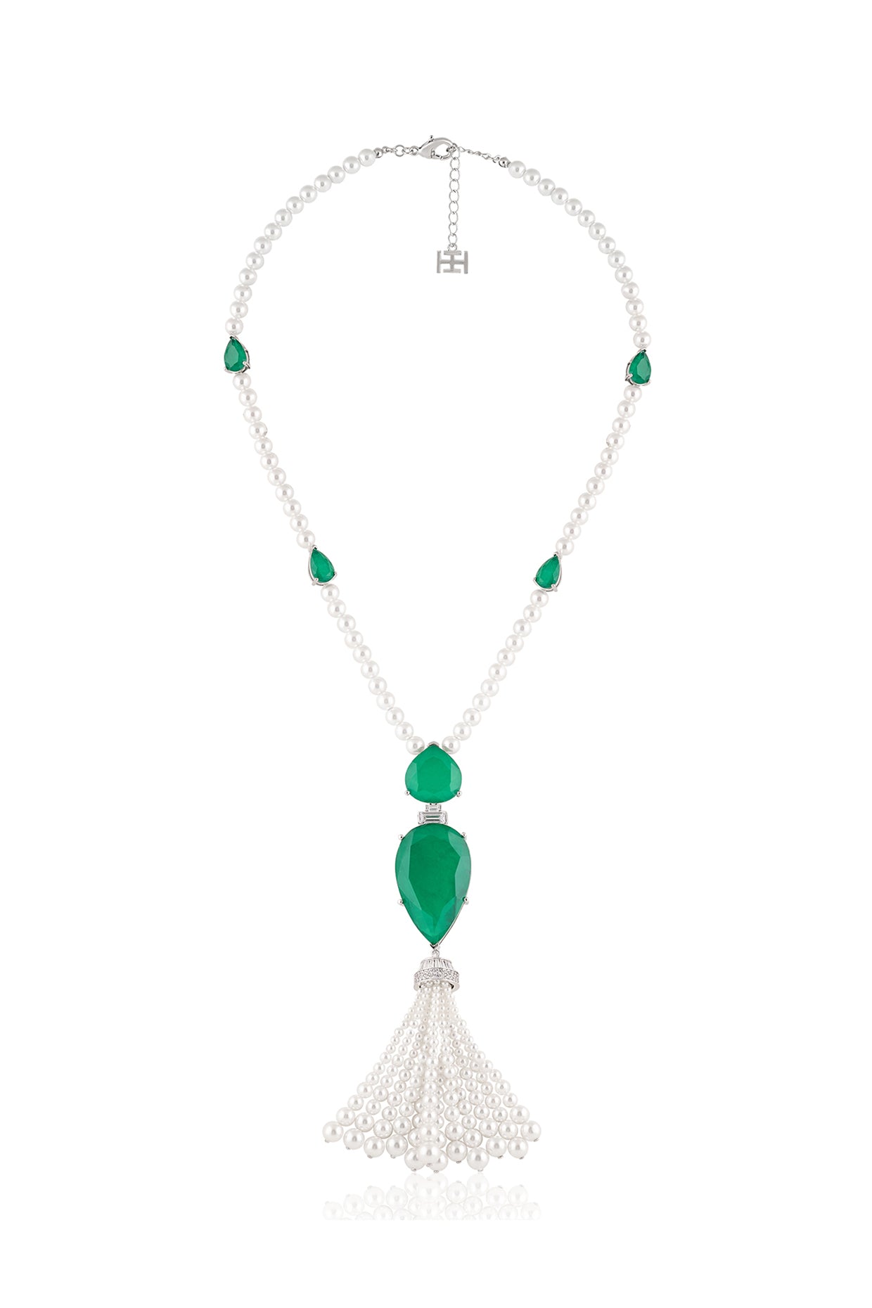 Esme Emerald Tassel Necklace In Rhodium Plated