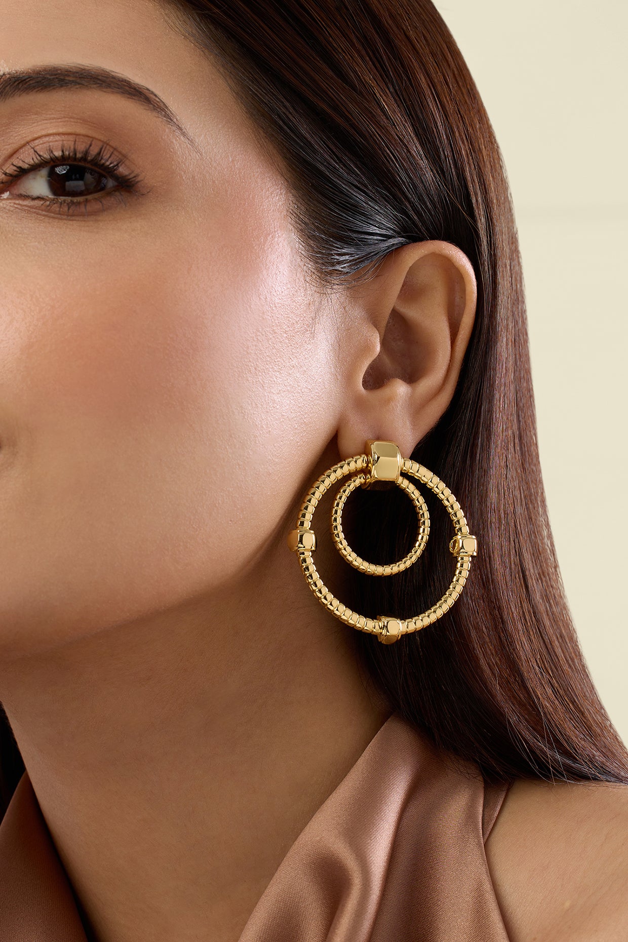 Gold Ribbed Bolted Double Hoop 18Kt Gold Plated
