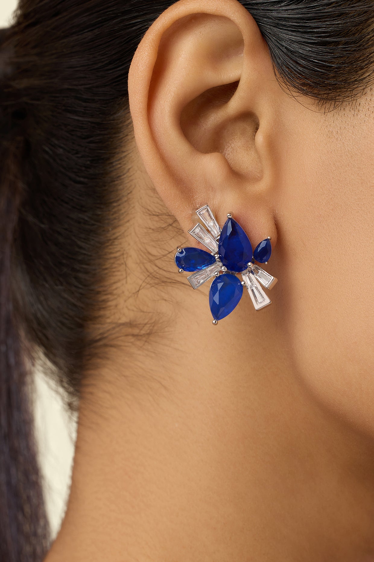 Octavia Sapphire Studs In Rhodium Plated