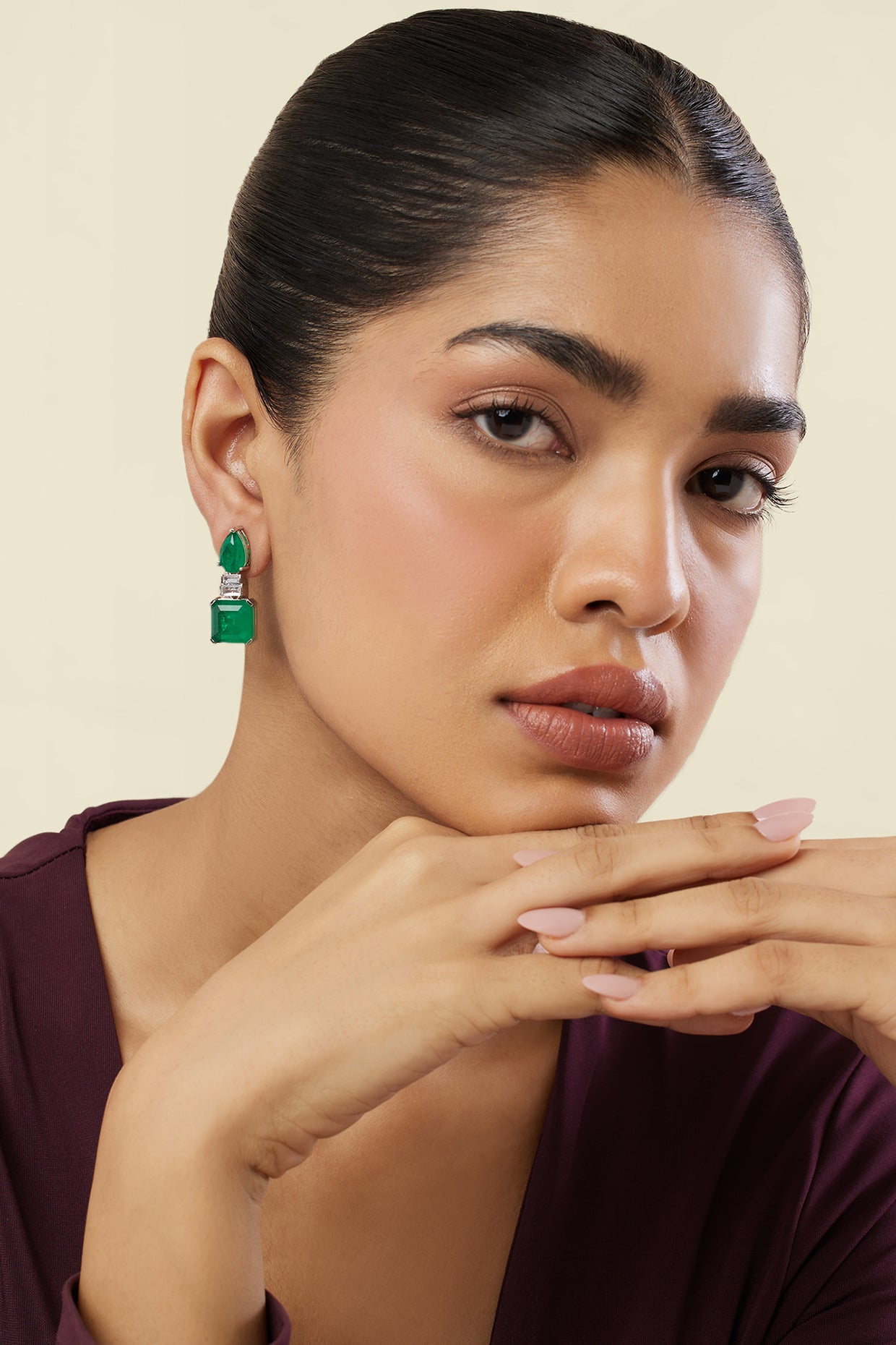 Emerald Radiance Dangle Earrings In Rhodium Plating