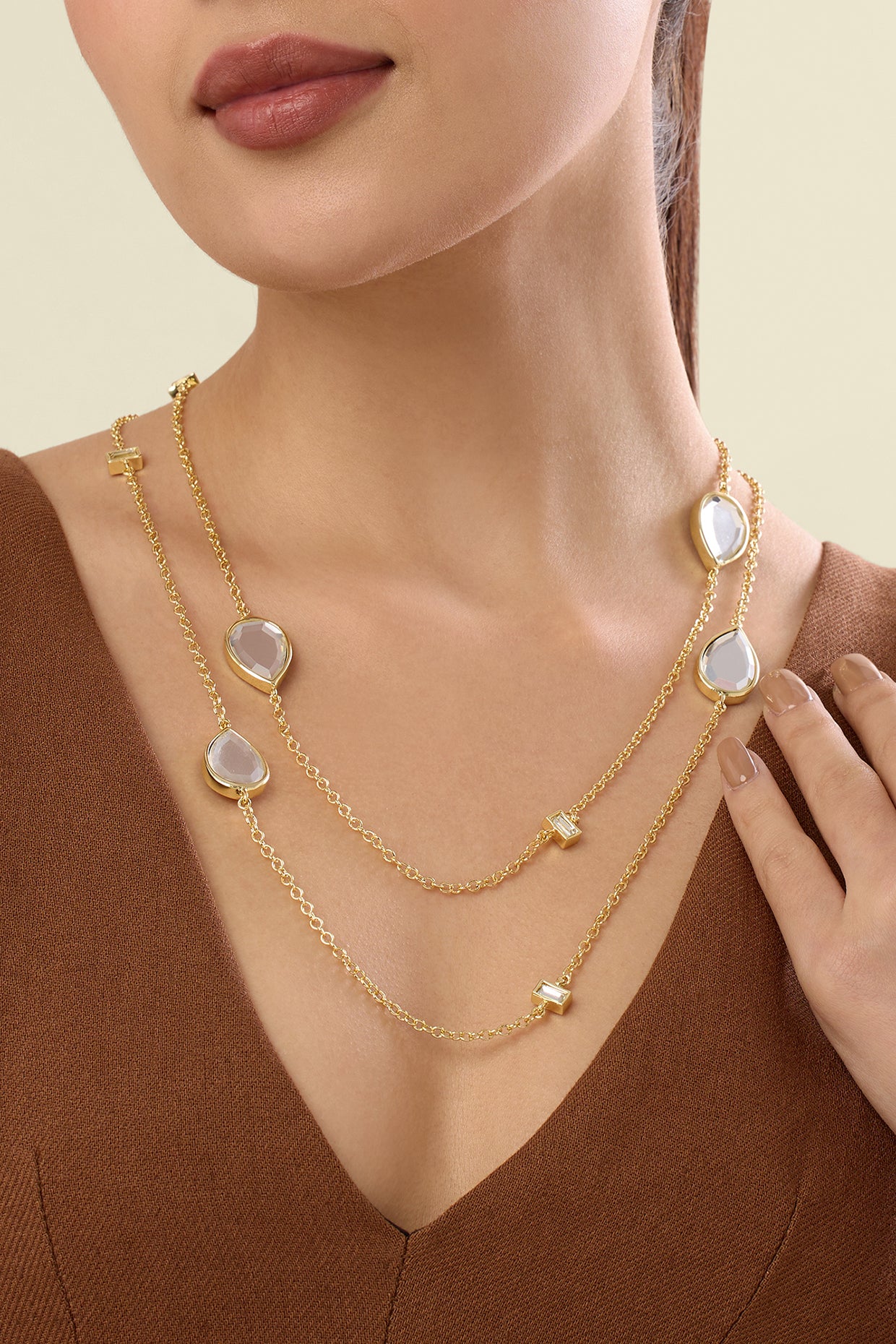 Dew Drop Mirro rLong Necklace 18Kt Gold Plated