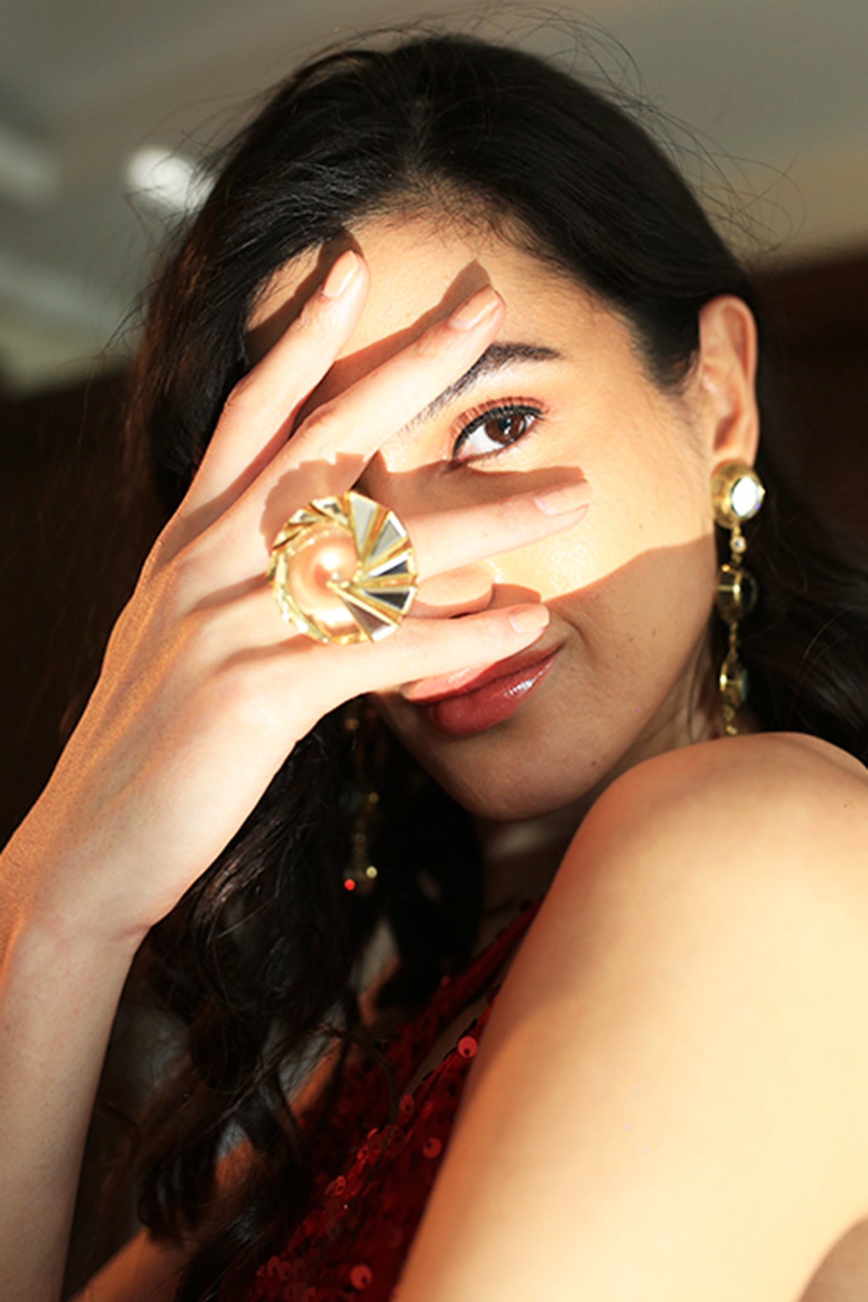 Demi Goddess Irregular Mirror and Resin Swirl Statement Ring 18Kt Gold Plated