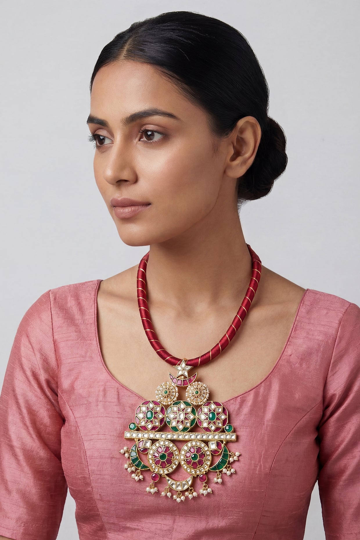 Avira Pink Green Kundan Necklace Set