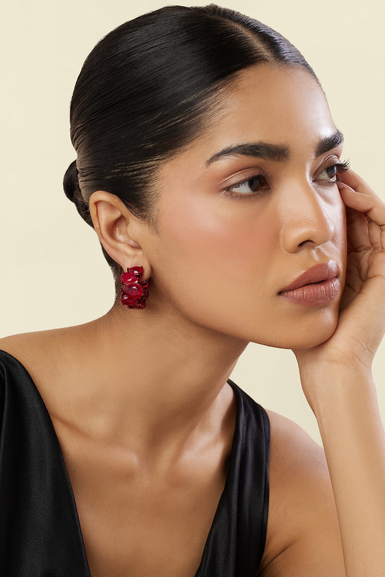 Crimson Glow Statement Hoops In Rhodium Plating