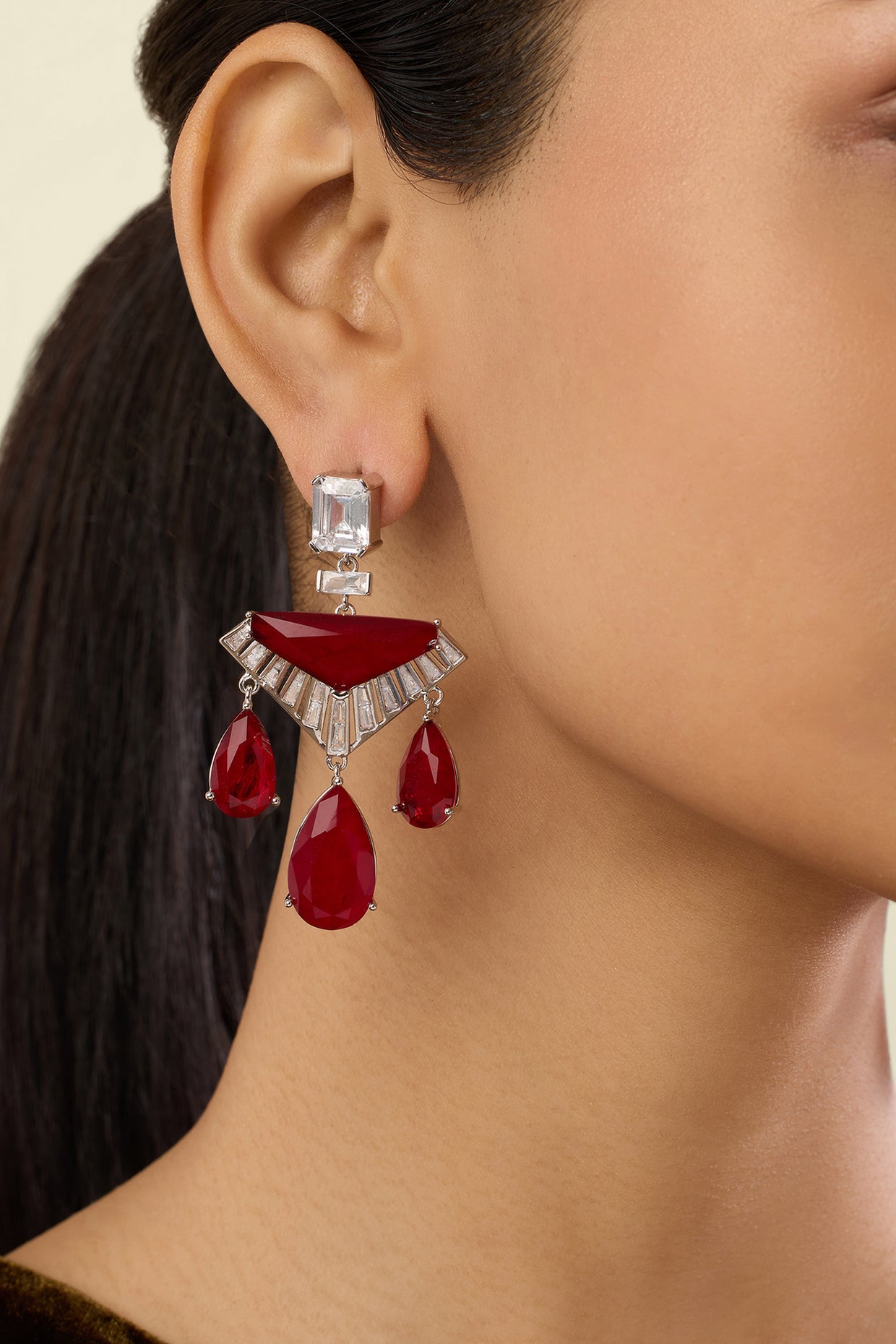 Angulaire Ruby Danglers In Rhodium Plated