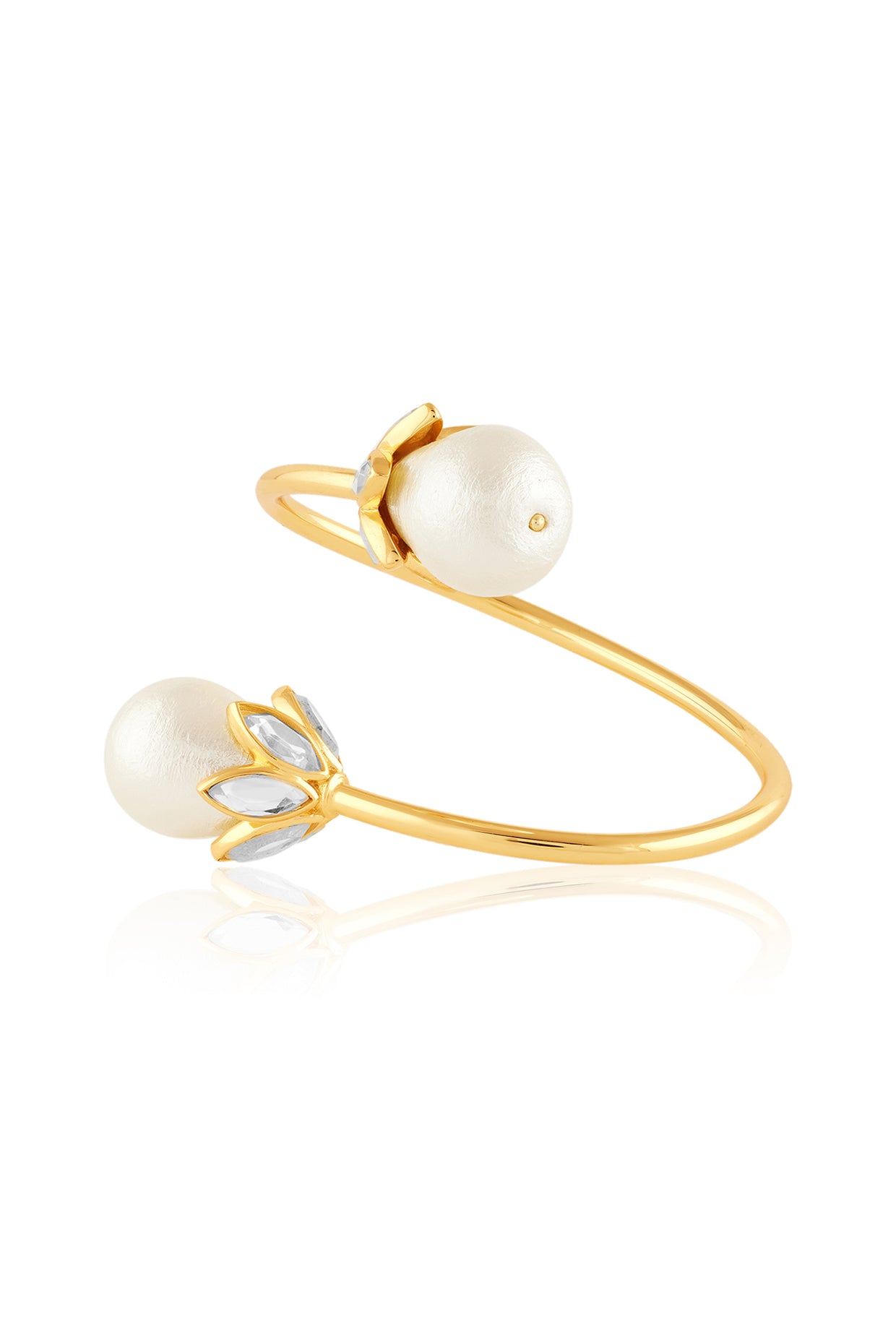Pearl and Navette Spring Tube Cuff 18Kt Gold Plated