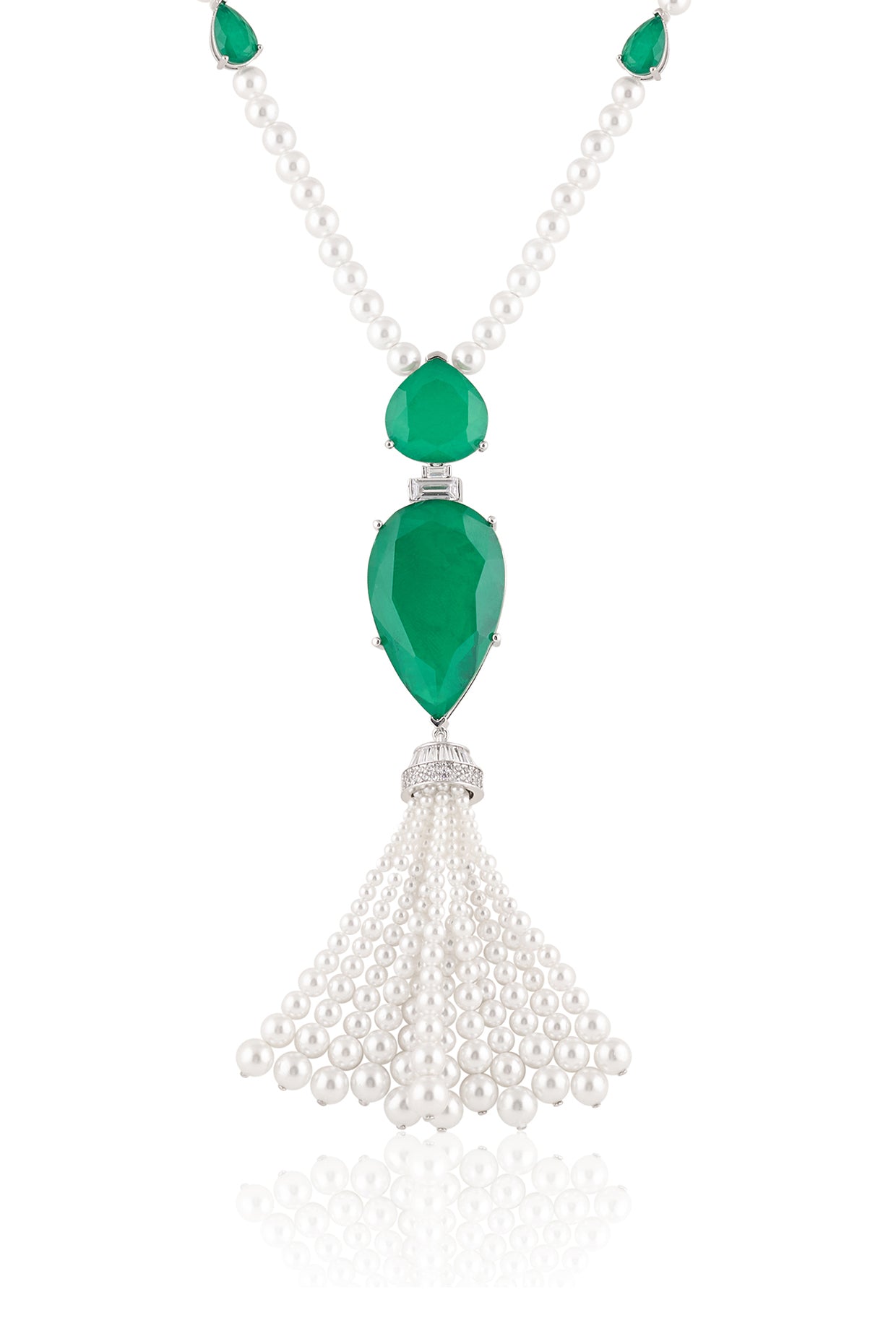 Esme Emerald Tassel Necklace In Rhodium Plated