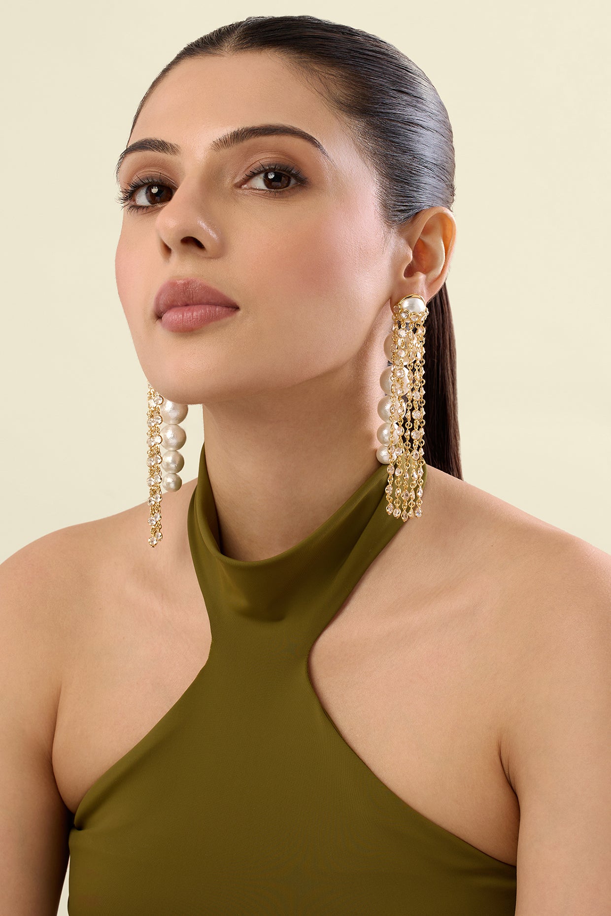 Limelight Pearl & Chain Long Earrings 18Kt Gold Plated