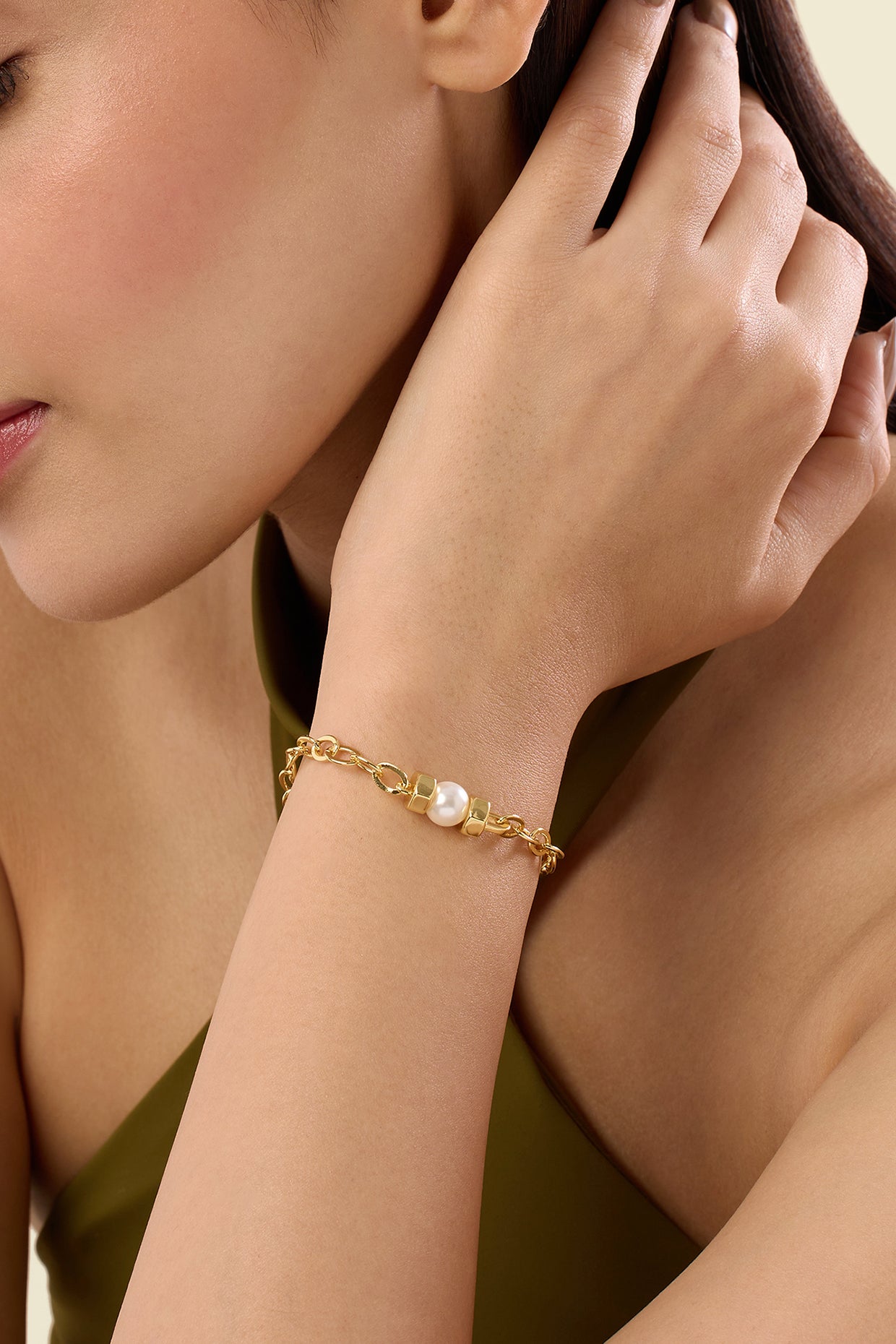 Nut and bolt Multi chain Bolo bracelet with pearl 18Kt Gold Plated