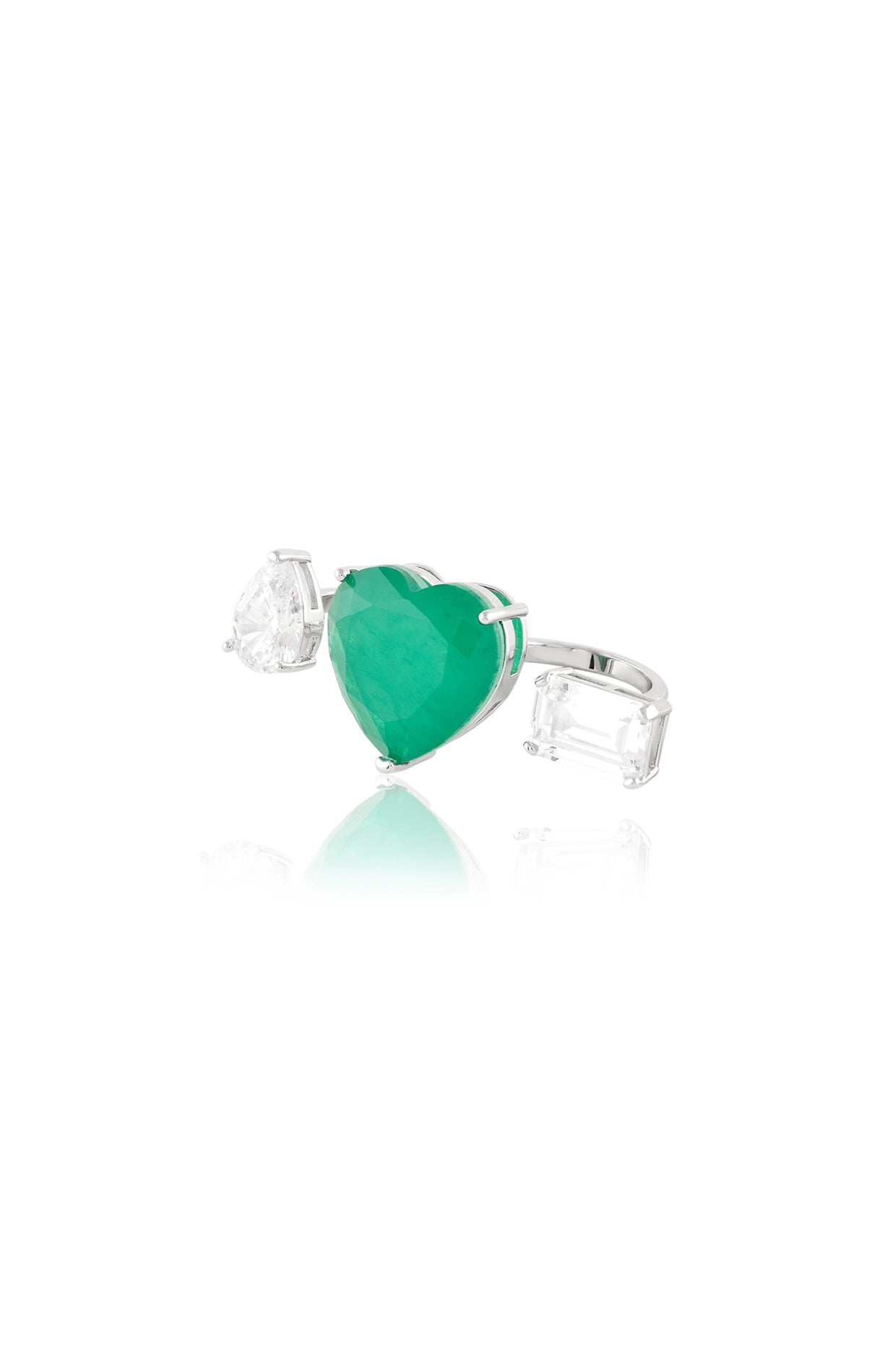 Dual Heart Emerald Ring In Rhodium Plating