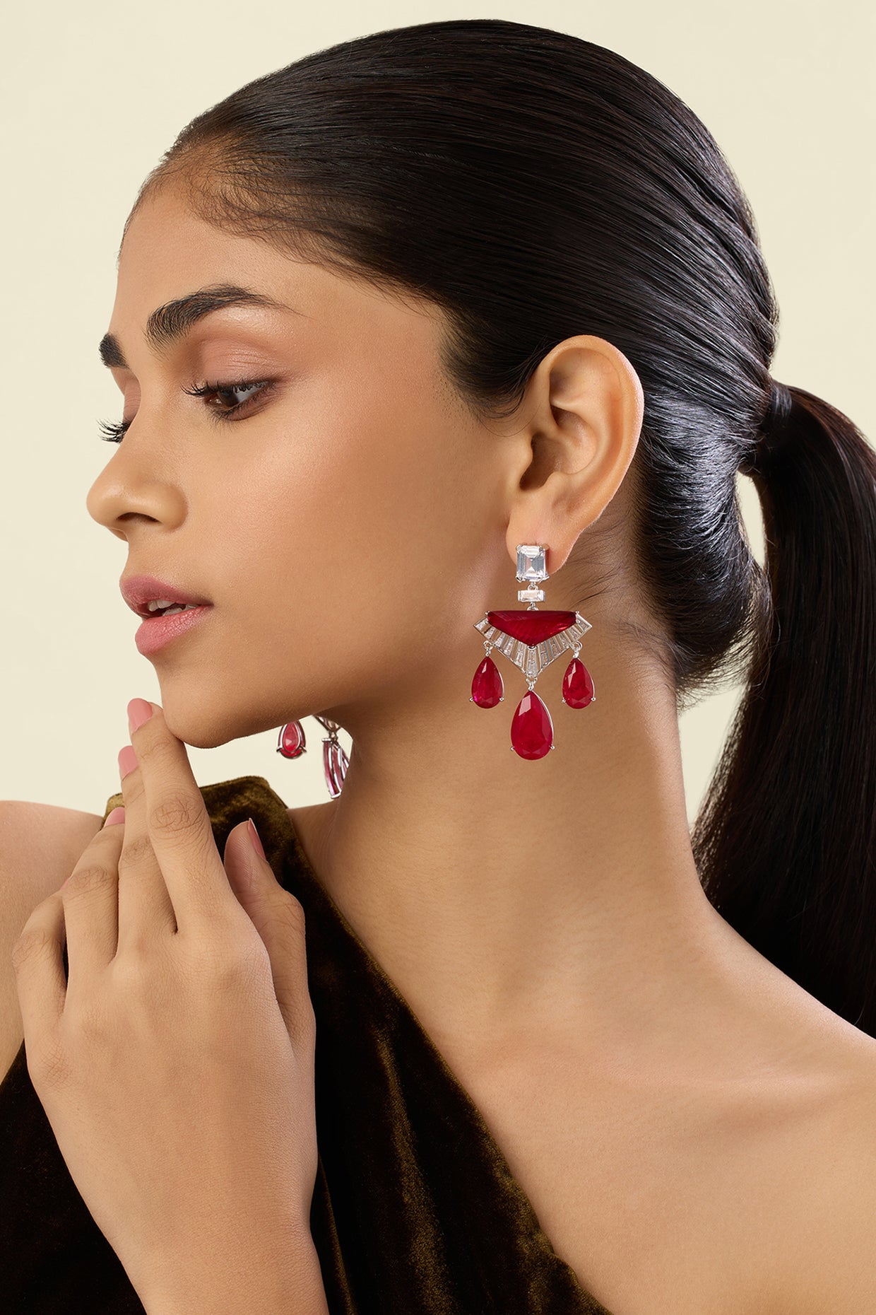Angulaire Ruby Danglers In Rhodium Plated