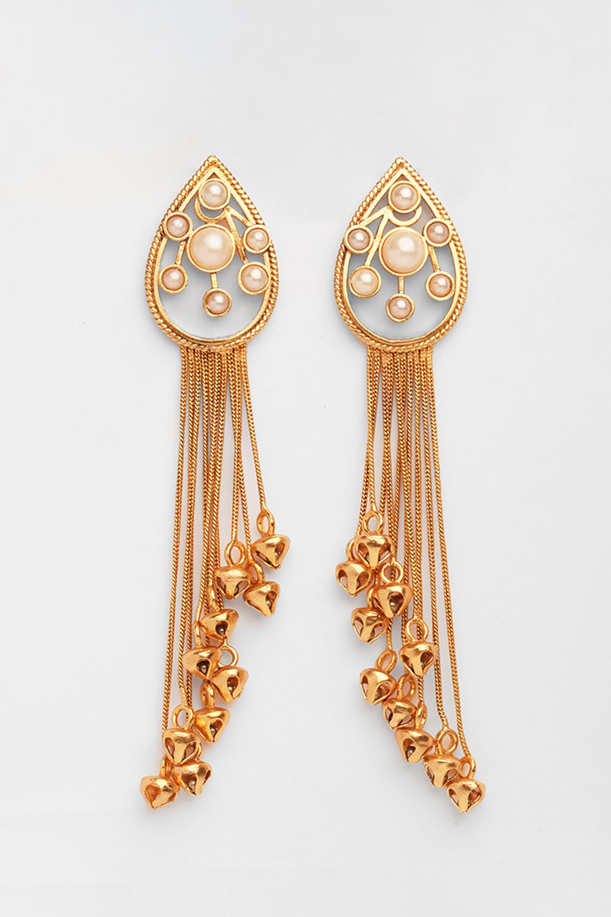 Gold Plated Cluster Pearls & Ac Drop Earring With Tassel Chain Ghungroo