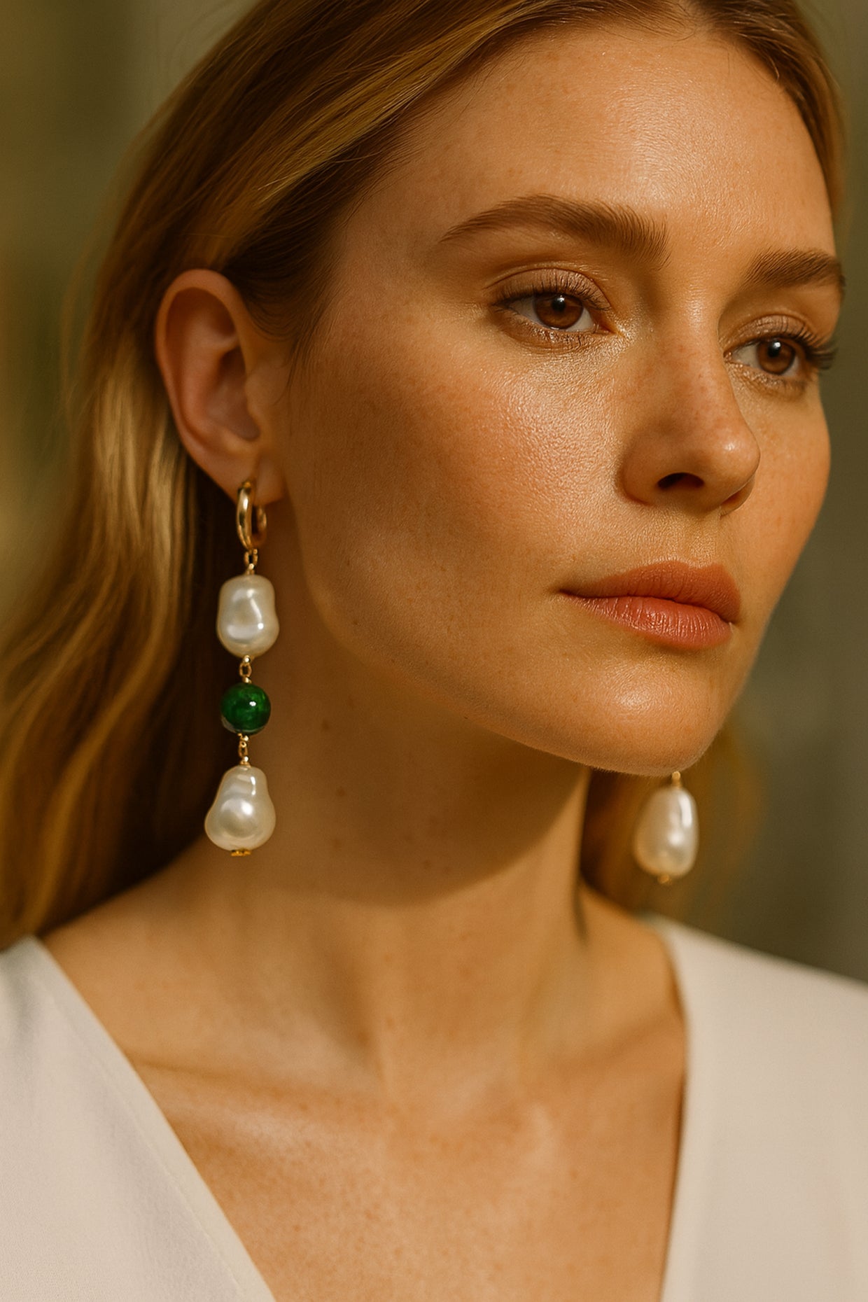 18Kt Gold Plated Green Deux Pearl Drop Earrings