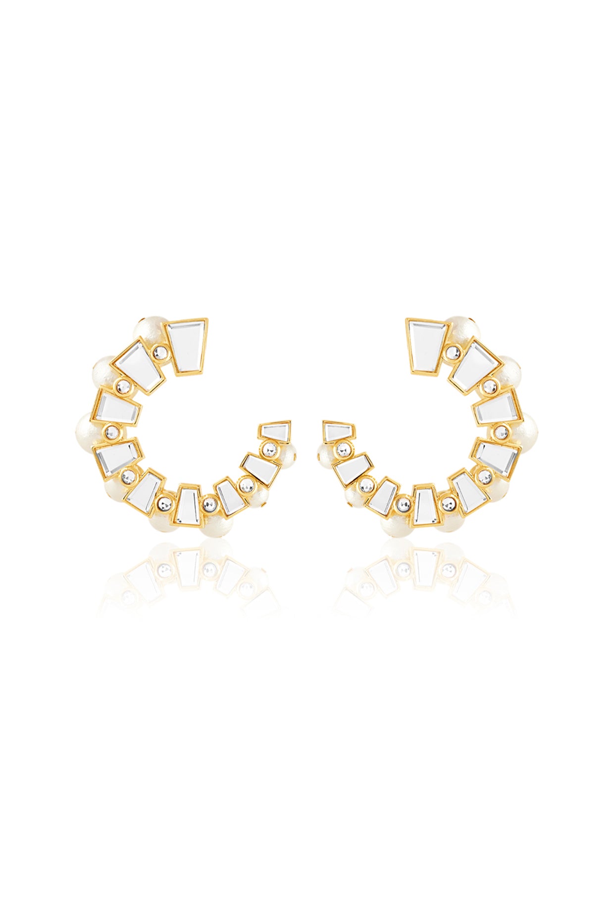 Bombay Deco Mirror And Pearl Hoop Earrings 18Kt Gold Plated