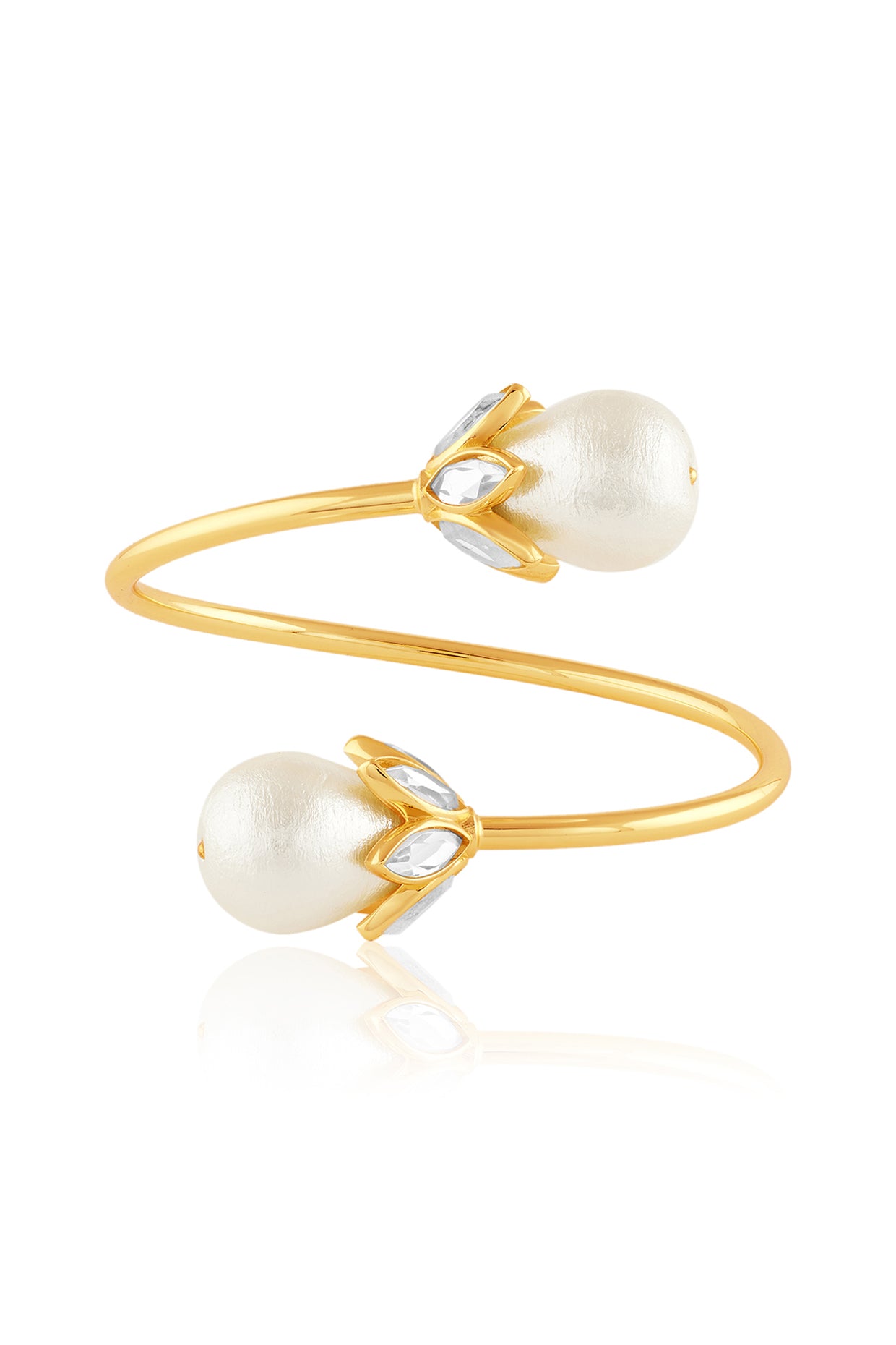 Pearl and Navette Spring Tube Cuff 18Kt Gold Plated