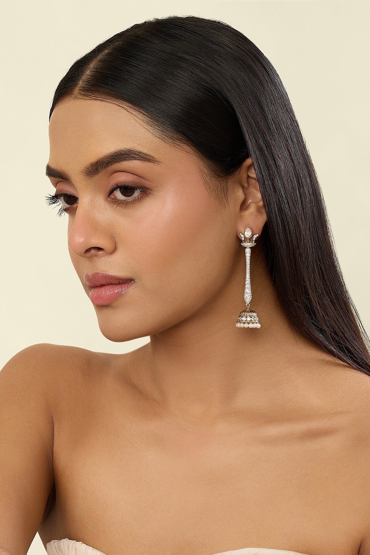Polki Maharani Crest Long Pearl Earrings