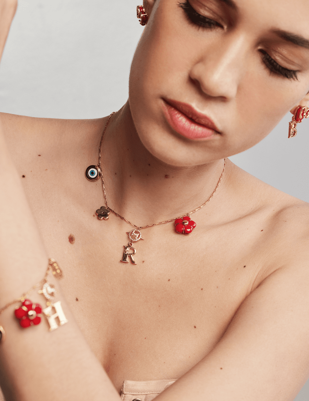 22kt Gold Plated Evil Eye and Floral Initial Necklace