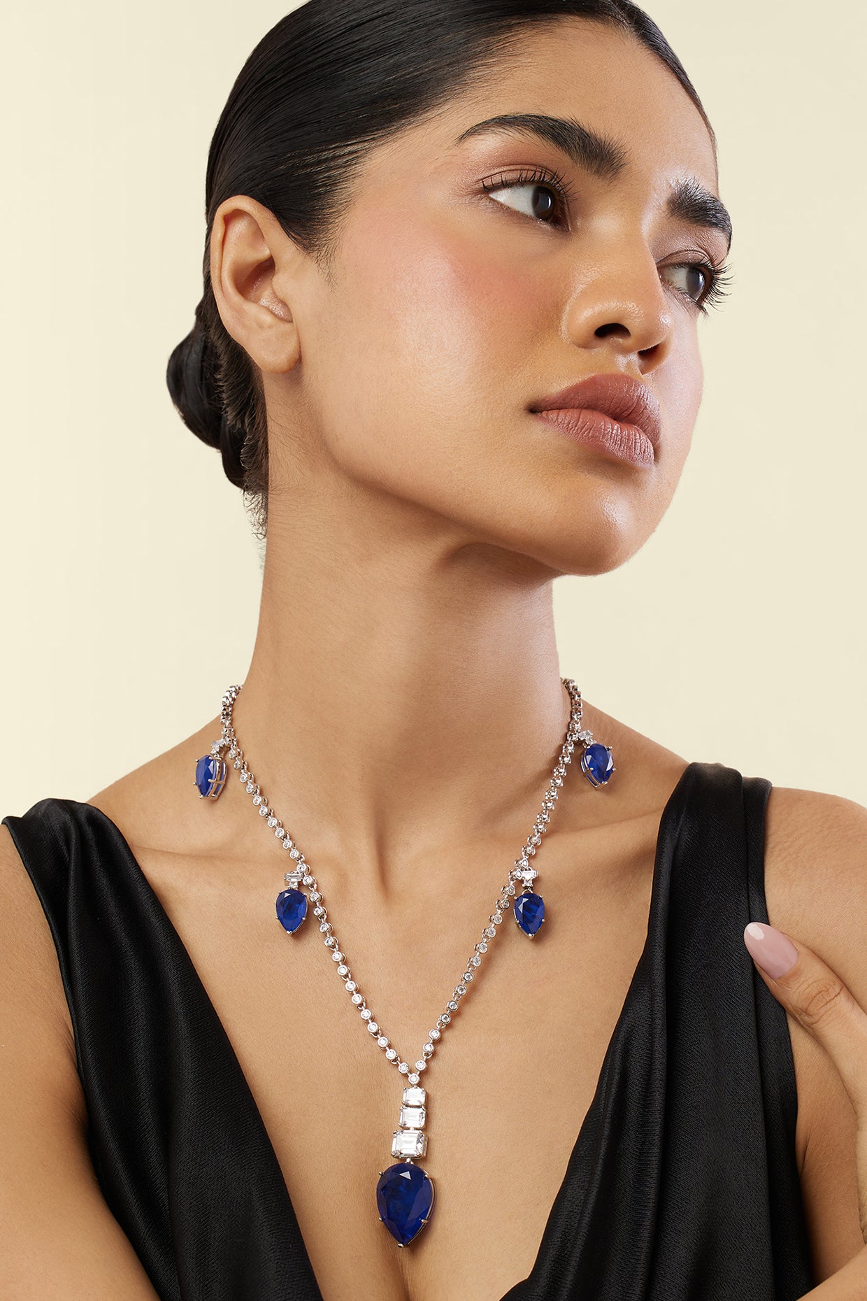 Sapphire Radiance Long Necklace In Rhodium Plating