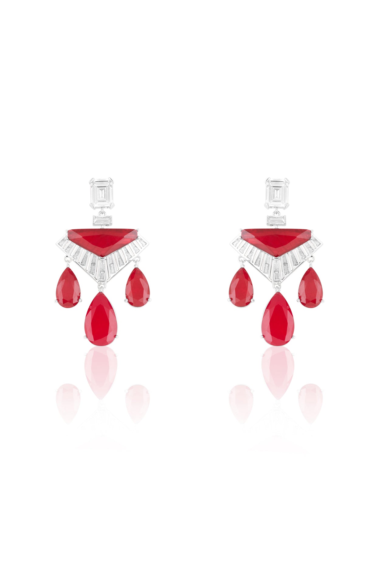 Angulaire Ruby Danglers In Rhodium Plated