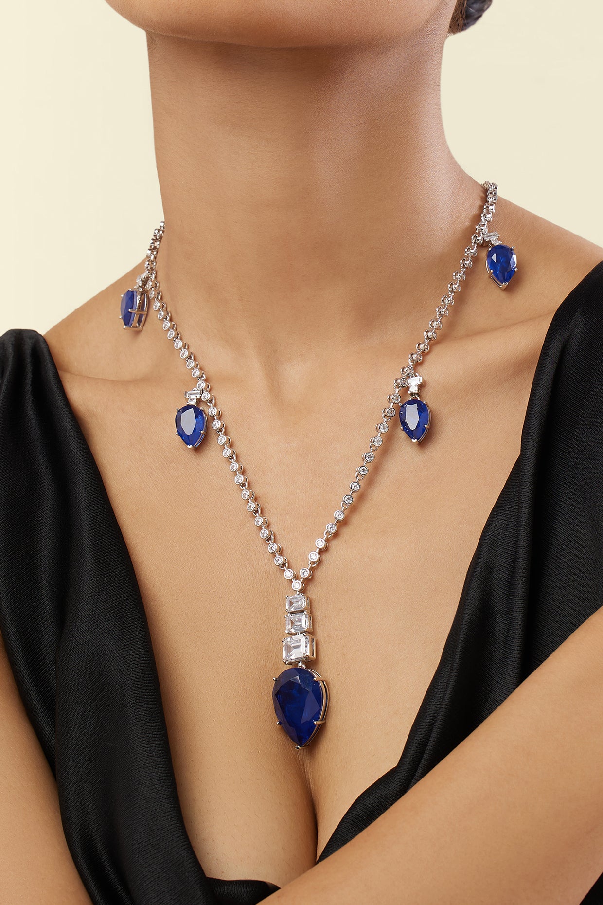 Sapphire Radiance Long Necklace In Rhodium Plating