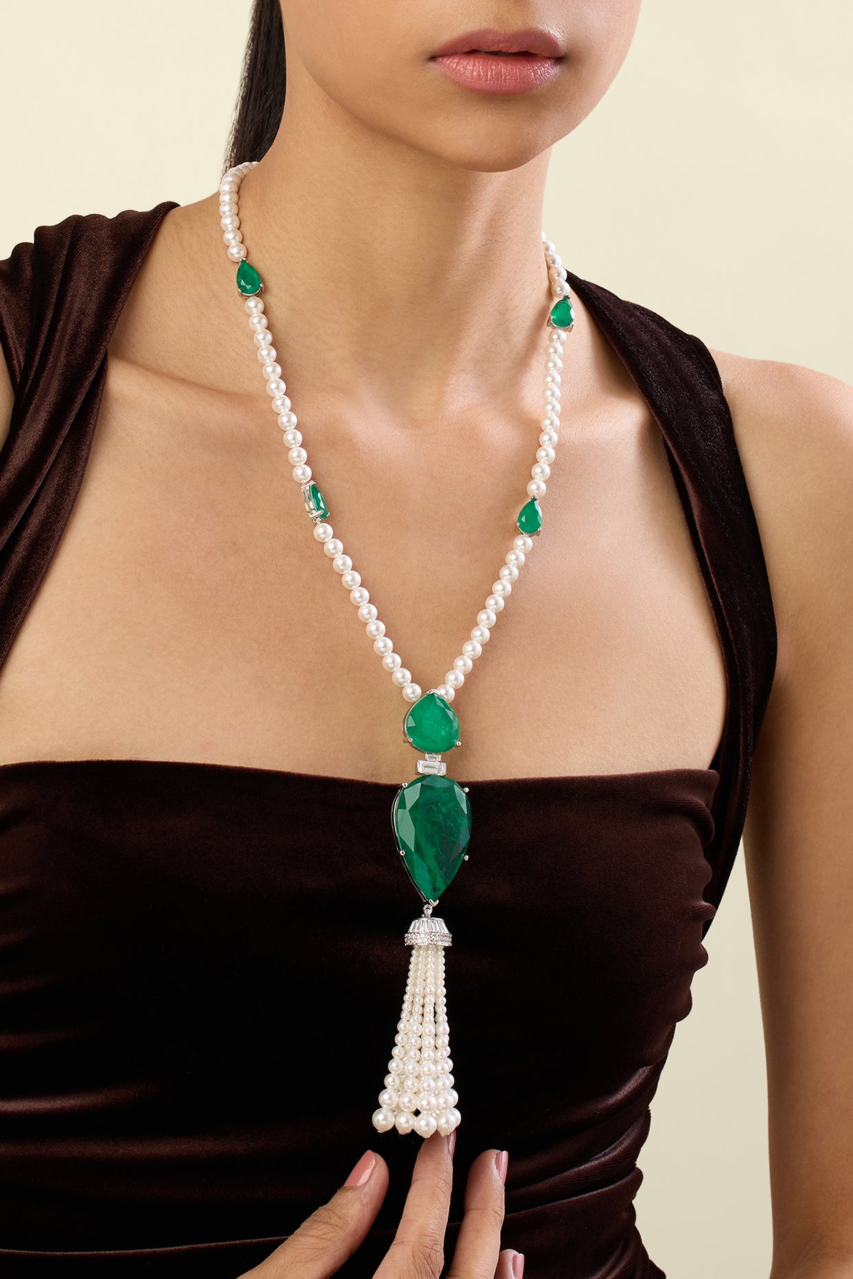 Esme Emerald Tassel Necklace In Rhodium Plated