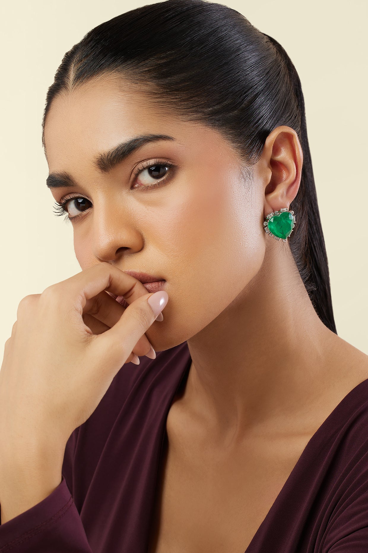Emerald Radiance Heart Studs In Rhodium Plating