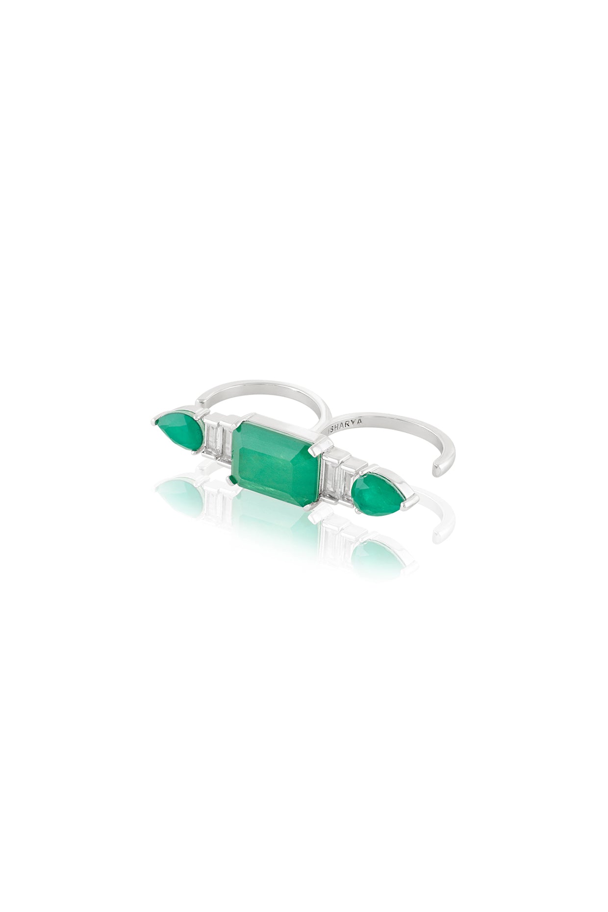 Emerald Embrace Two-Finger Ring In Rhodium Plating