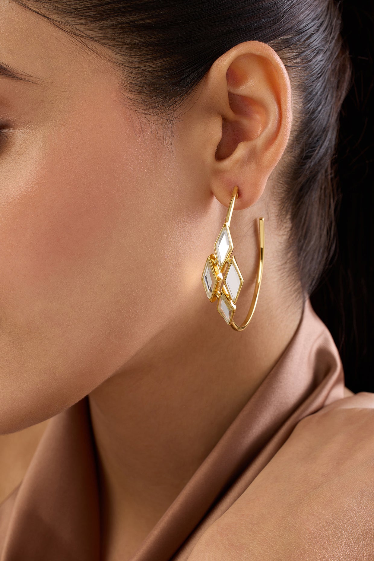 Demi Goddess Rhombus Mirror Hoop Earrings 18Kt Gold Plated