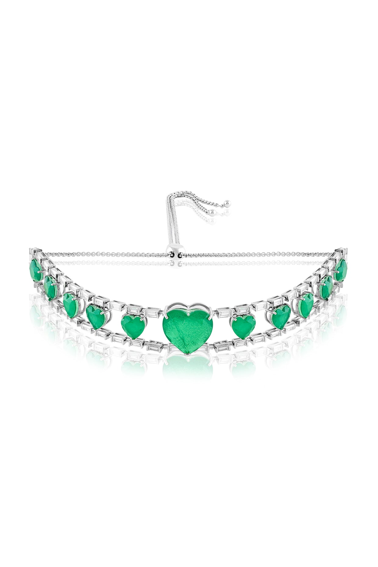 Emerald Heart Choker Necklace In Rhodium Plating