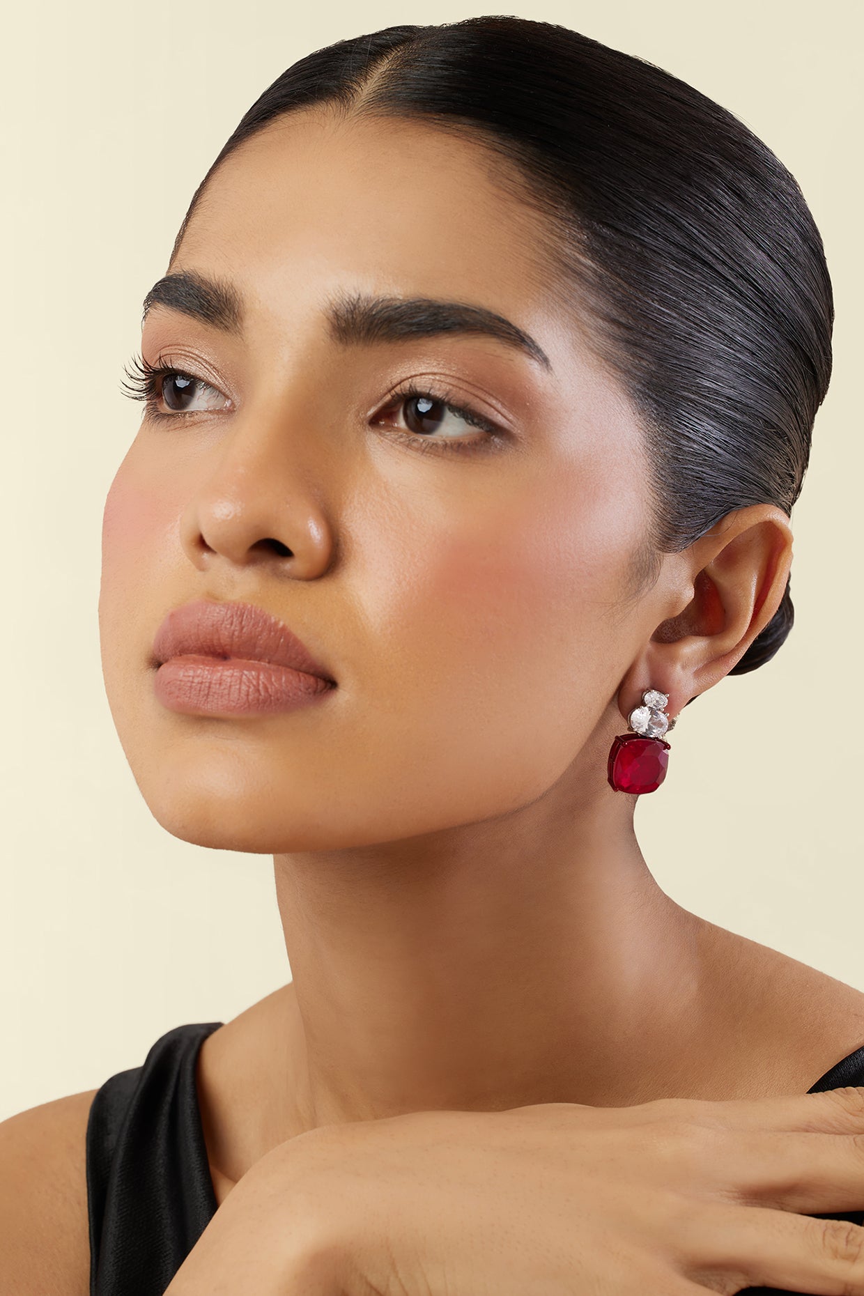 Crimson Elegance Dangler Earrings In Rhodium Plating
