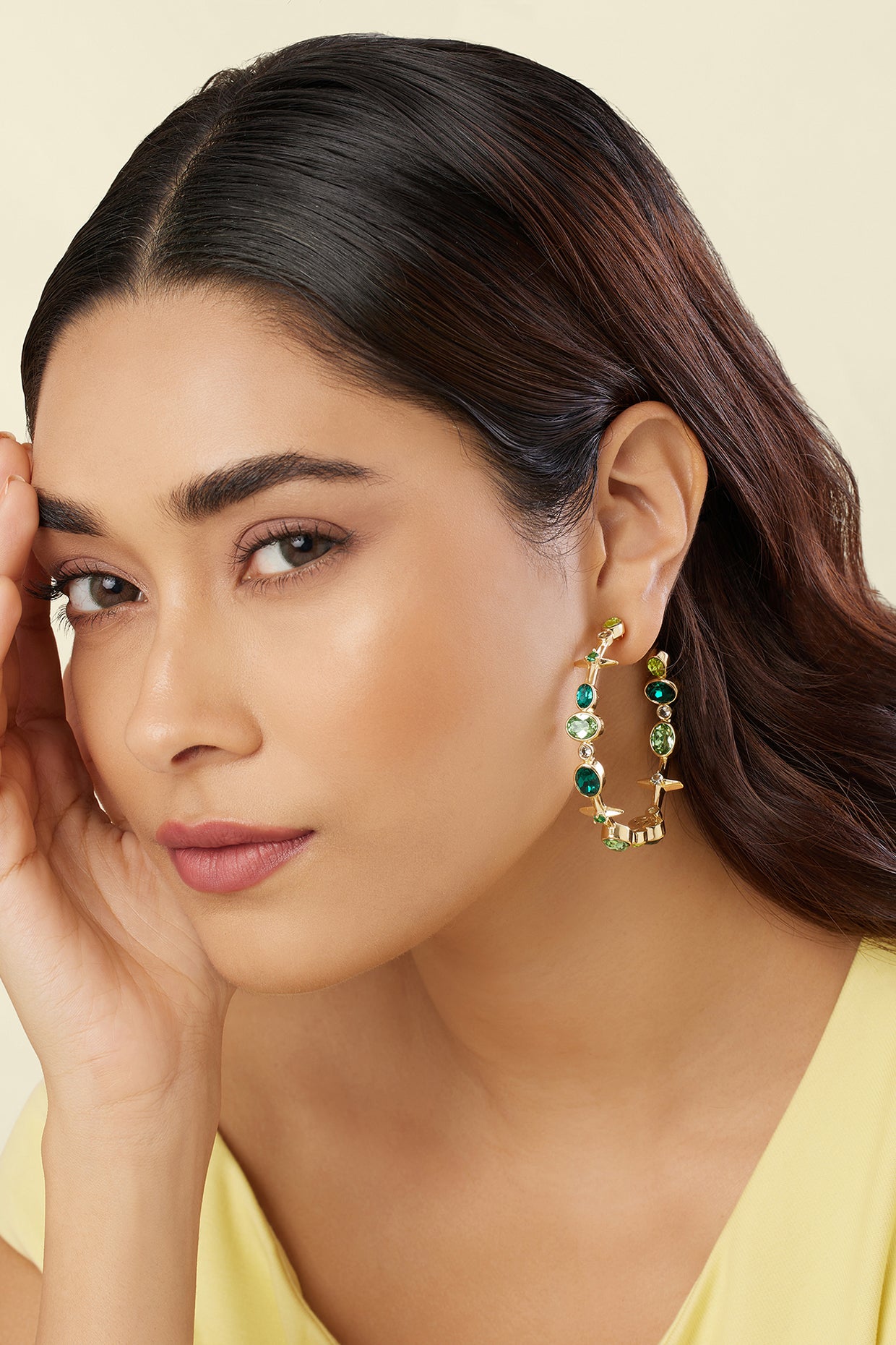 Green Gem Drop Hoops In 18Kt Gold Plated