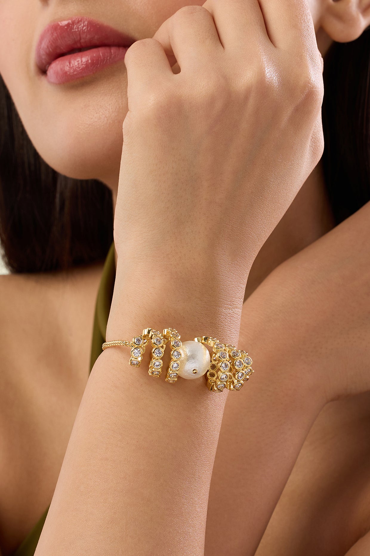 CZ & Pearl Swirl Bolo bracelet 18Kt Gold Plated