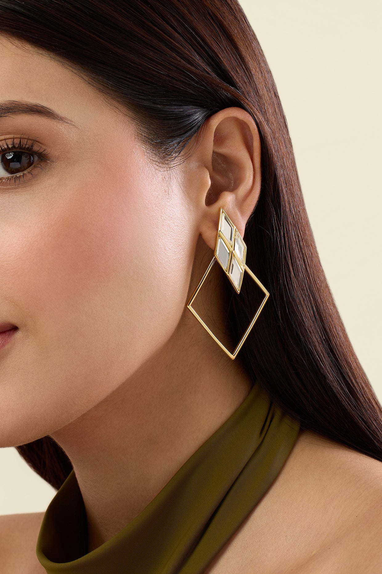 Demi Goddess Rhombus Mirror & Metal Surround Earrings 18Kt Gold Plated