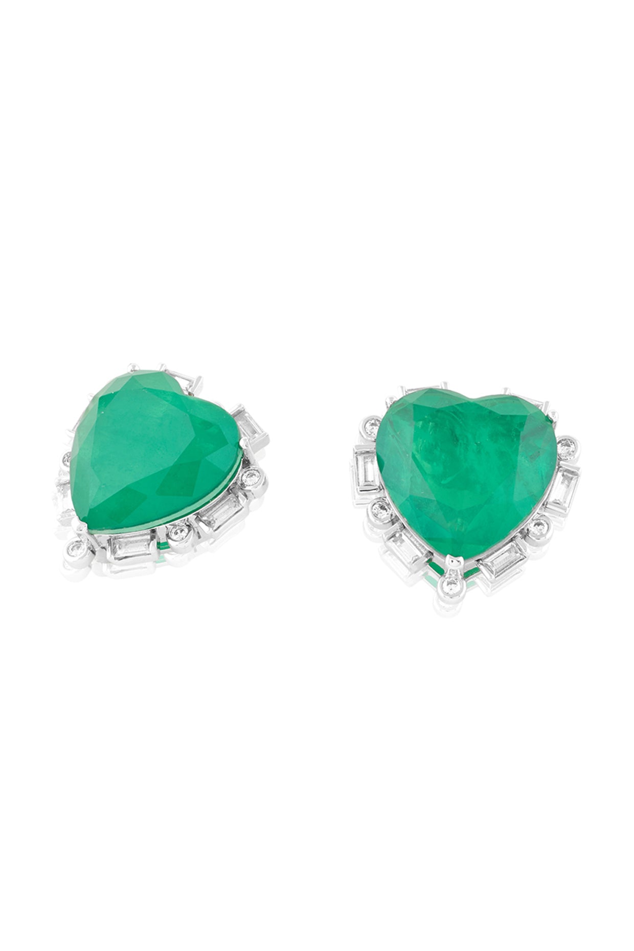 Emerald Radiance Heart Studs In Rhodium Plating