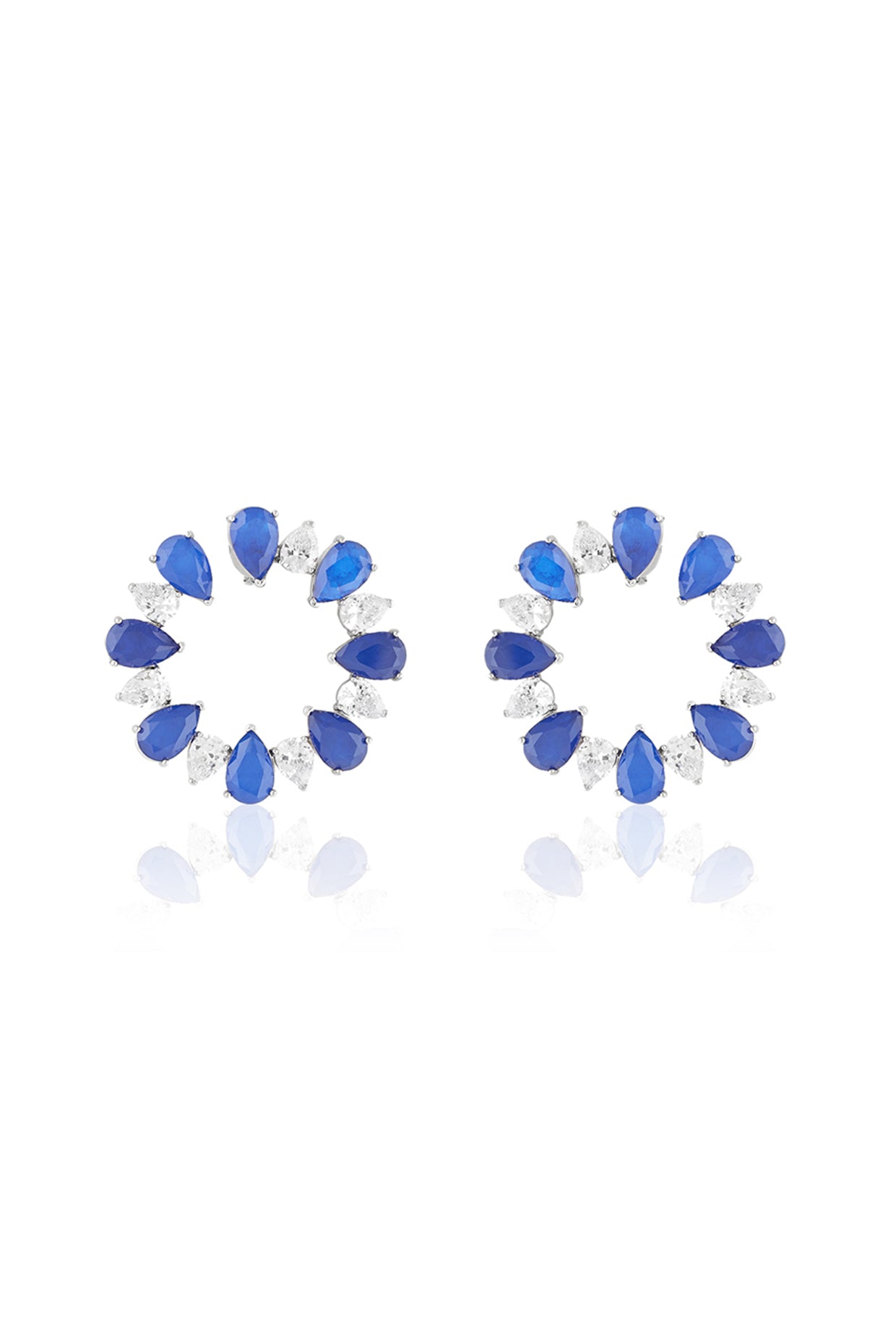 Sapphire Glow Circle Studs In Rhodium Plating
