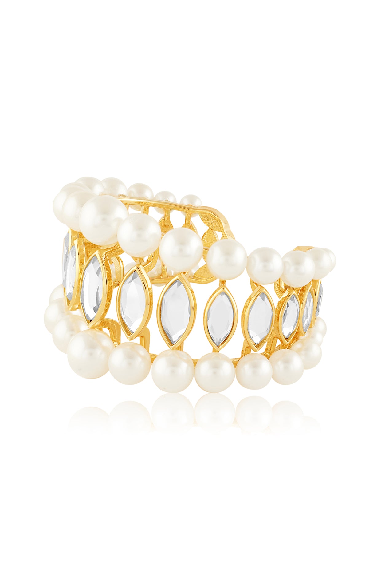 Navette Collection Pearl & Mirror tapered Medium size cuff 18Kt Gold Plated