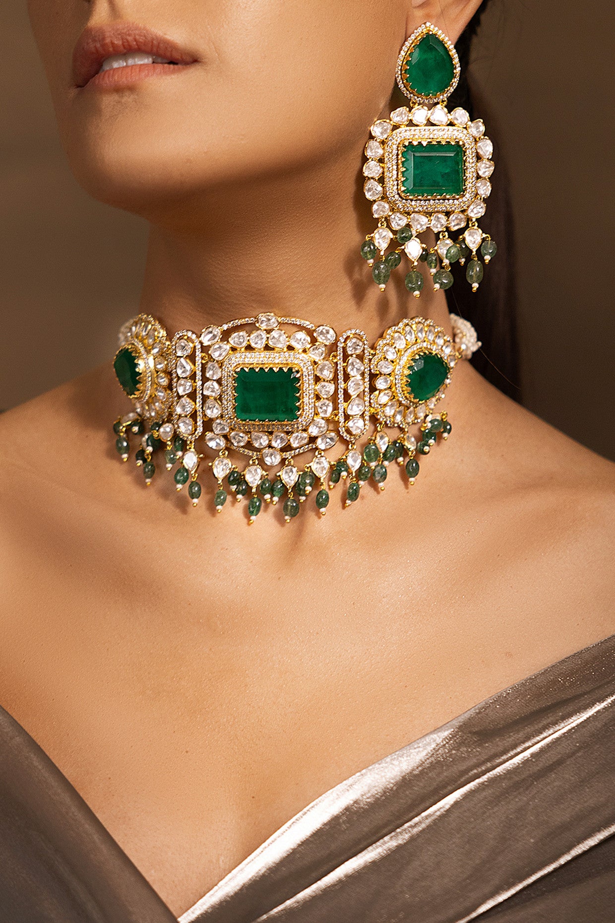 Stylish Golden-Green Choker Necklace Set in 22Kt Gold Plating