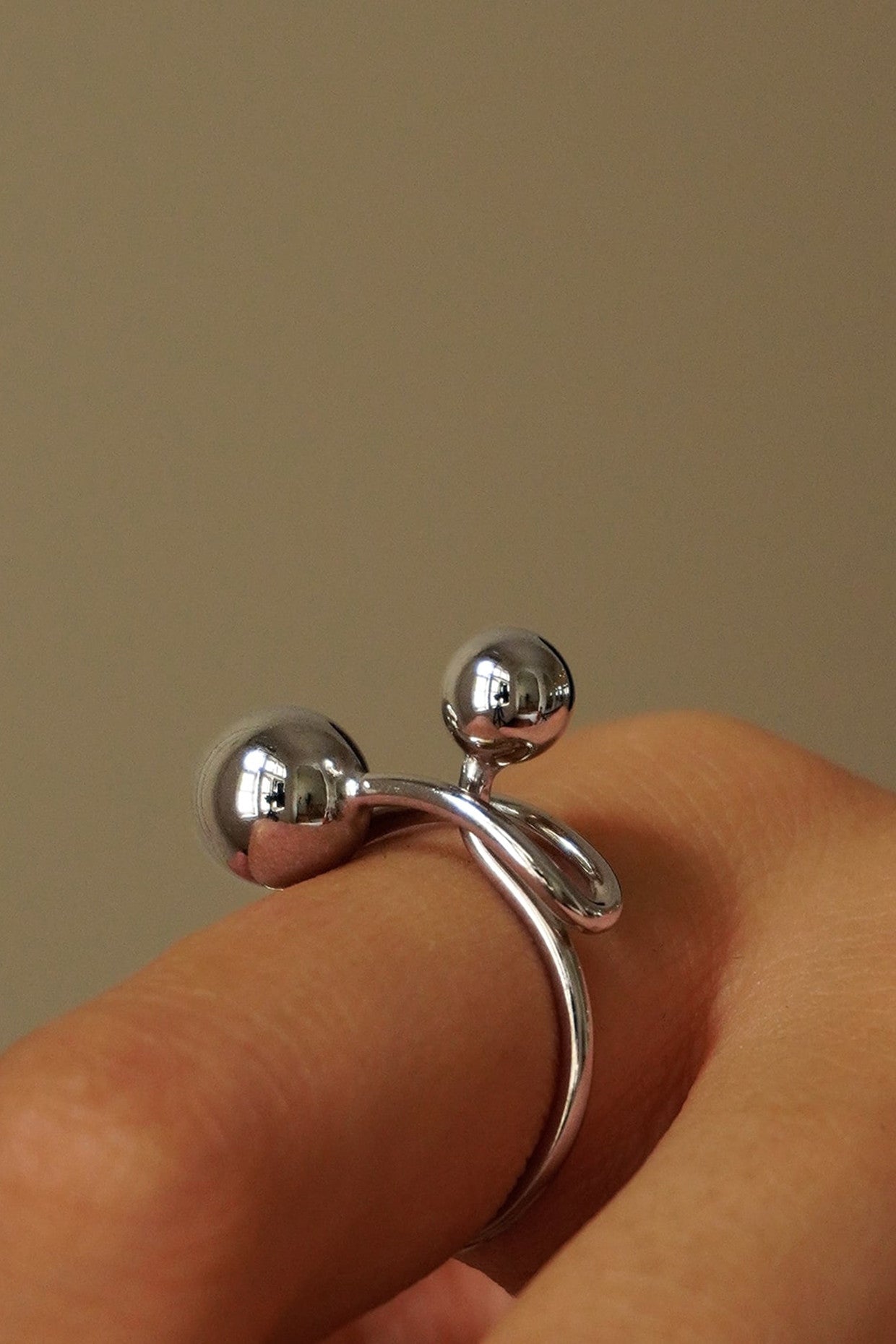 Rhodium Silver Double Ball Ring